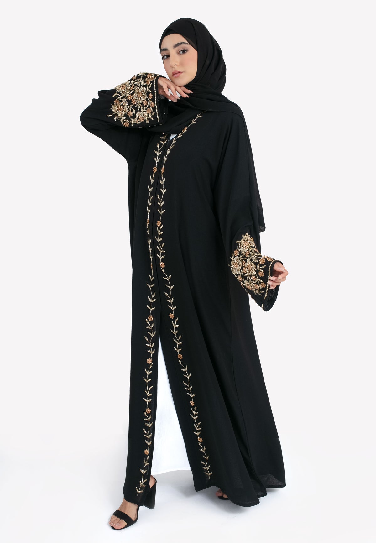 Black & Gold Chiffon Open Abaya