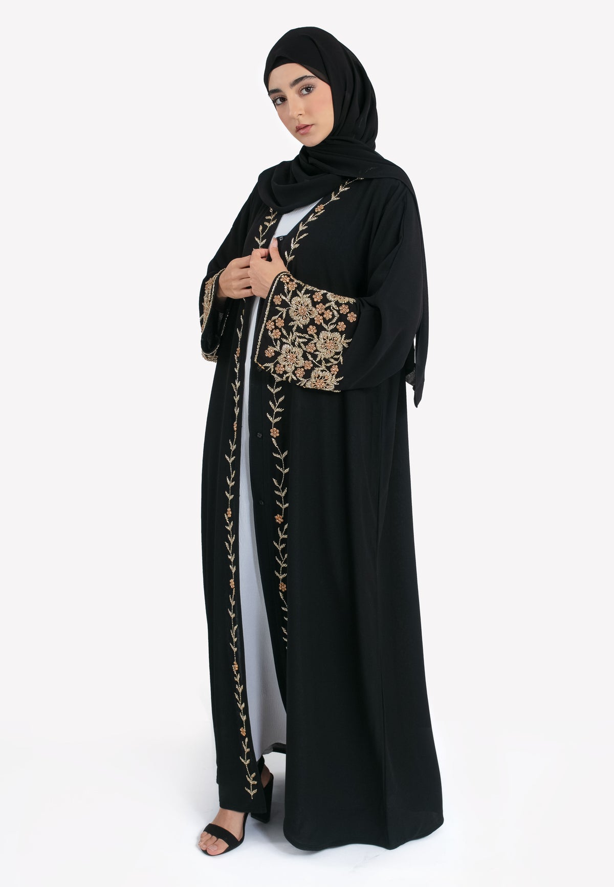 Black & Gold Chiffon Abaya - Front