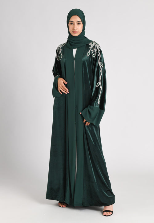 Luxury Ethereal Emerald Green Velvet Open Abaya
