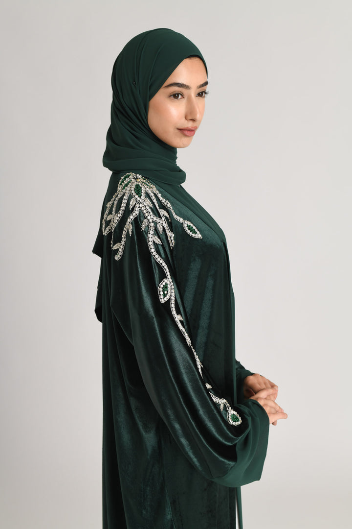 Luxury Ethereal Emerald Green Velvet Open Abaya