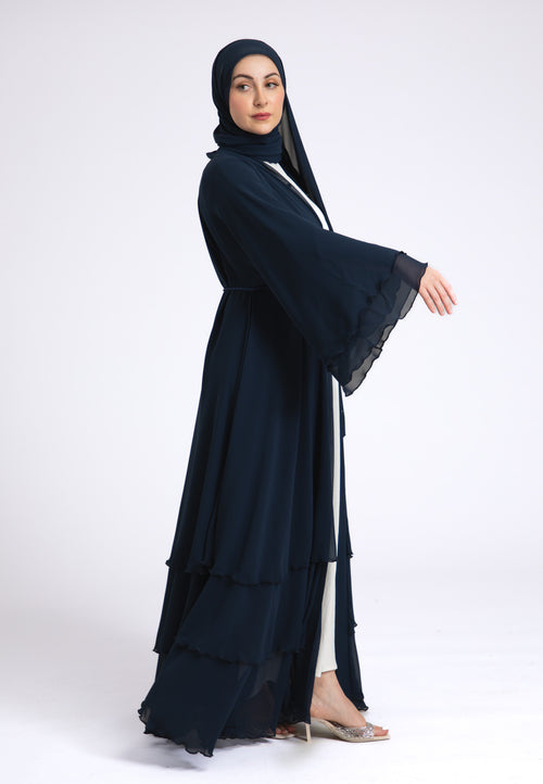 Luxury Navy 3 Layered Open Abaya with Inner Dress