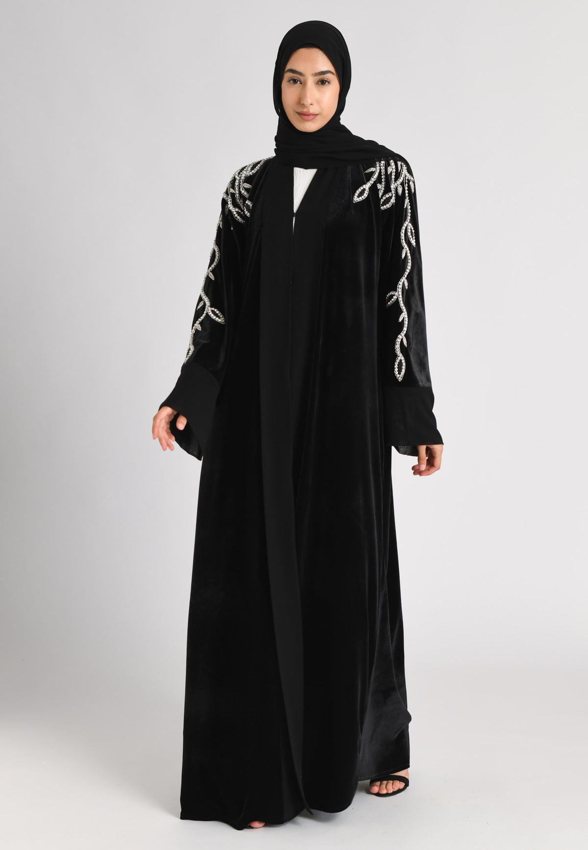 Luxury Onyx Black Velvet Open Abaya