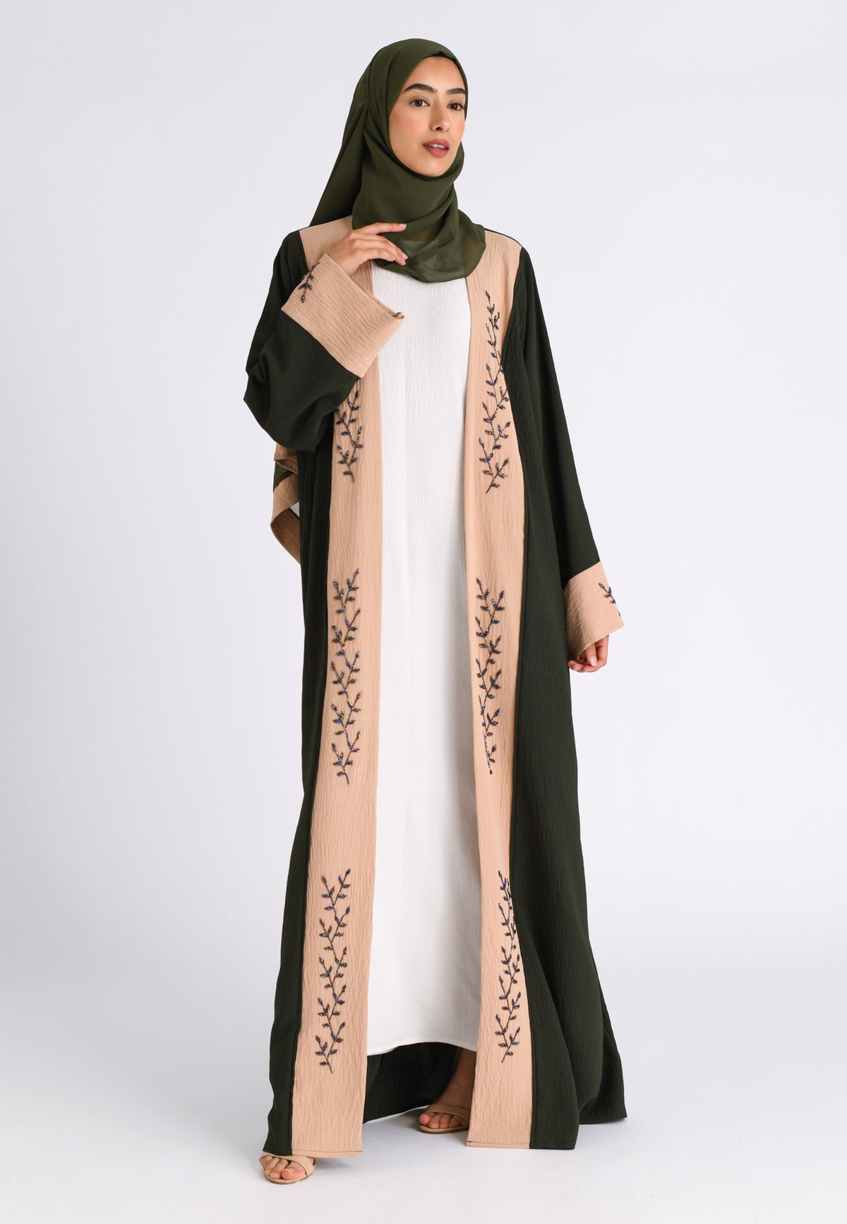 Luxury Pine And Beige Open Kimono Abaya