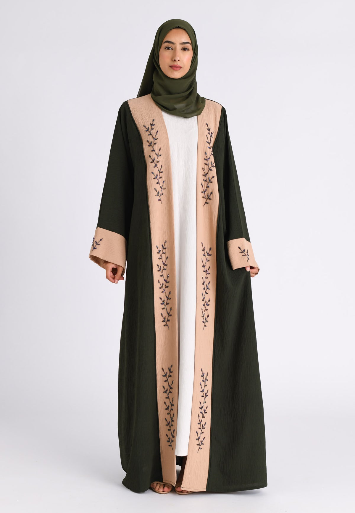 Luxury Pine And Beige Open Kimono Abaya