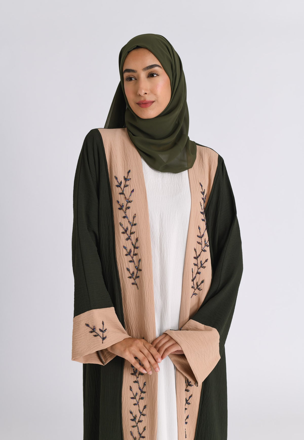 Luxury Pine And Beige Open Kimono Abaya