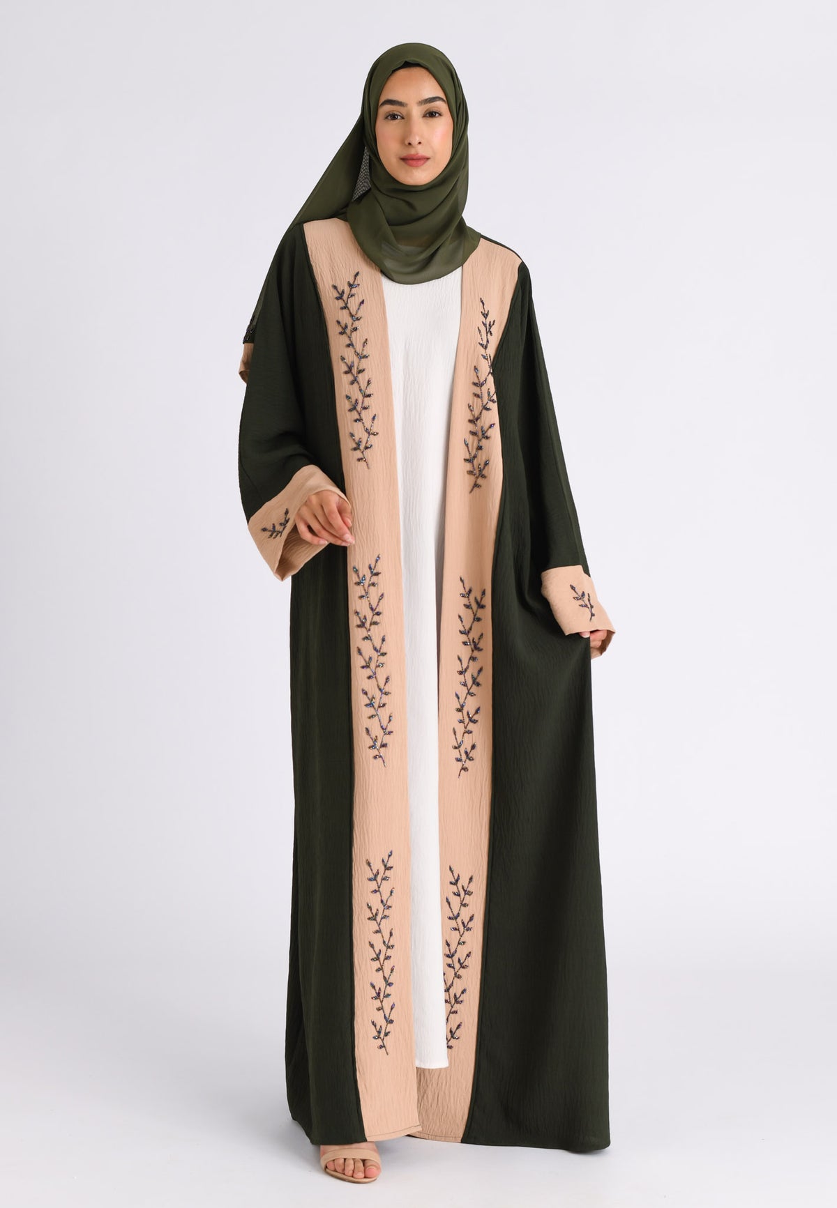 Luxury Pine And Beige Open Kimono Abaya