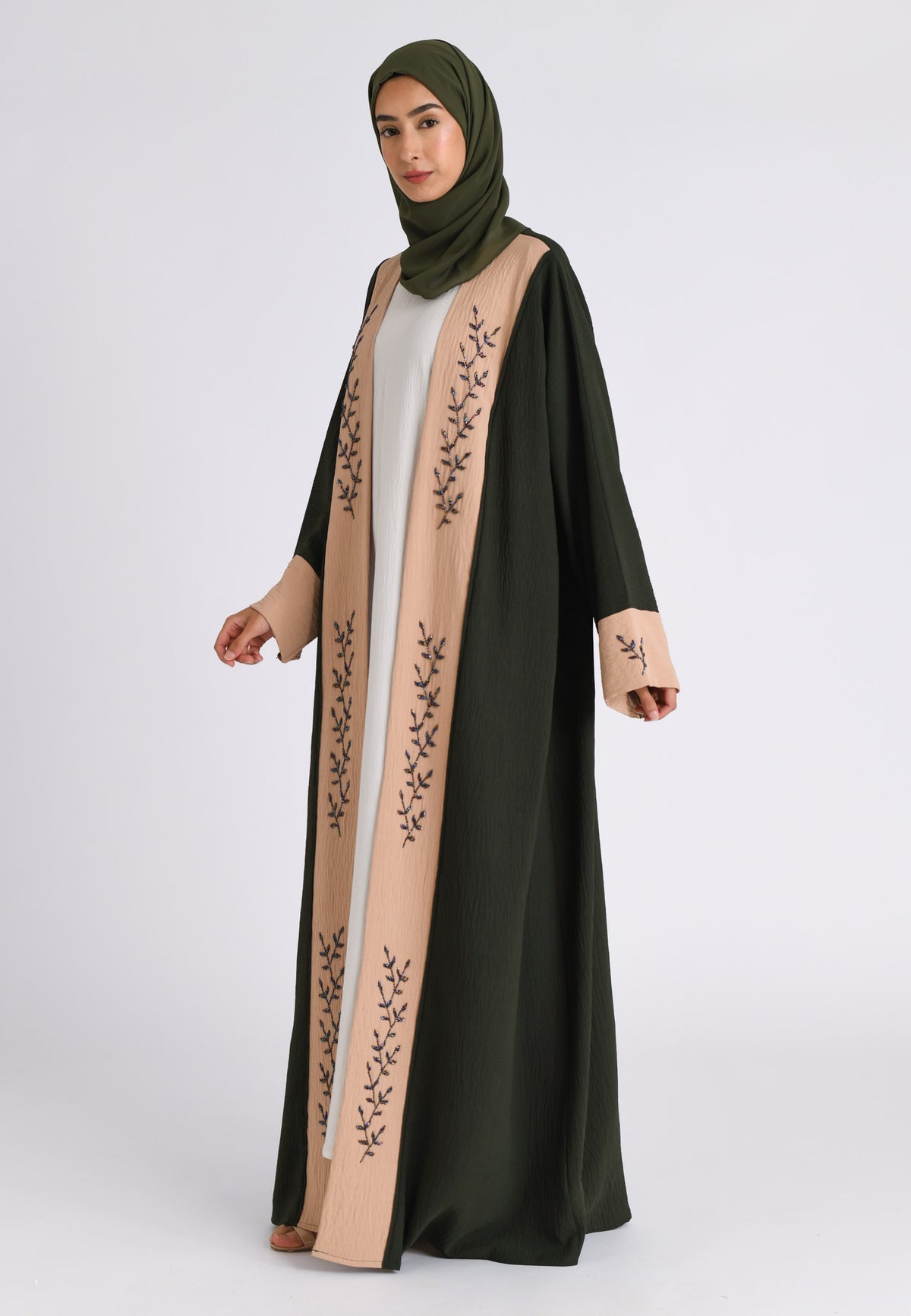 Luxury Pine And Beige Open Kimono Abaya