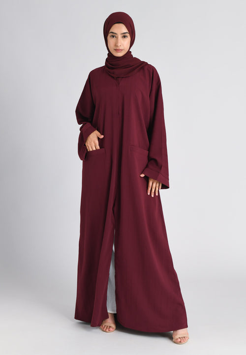 Garnet Maroon Open Abaya with Front Pockets (Premium)