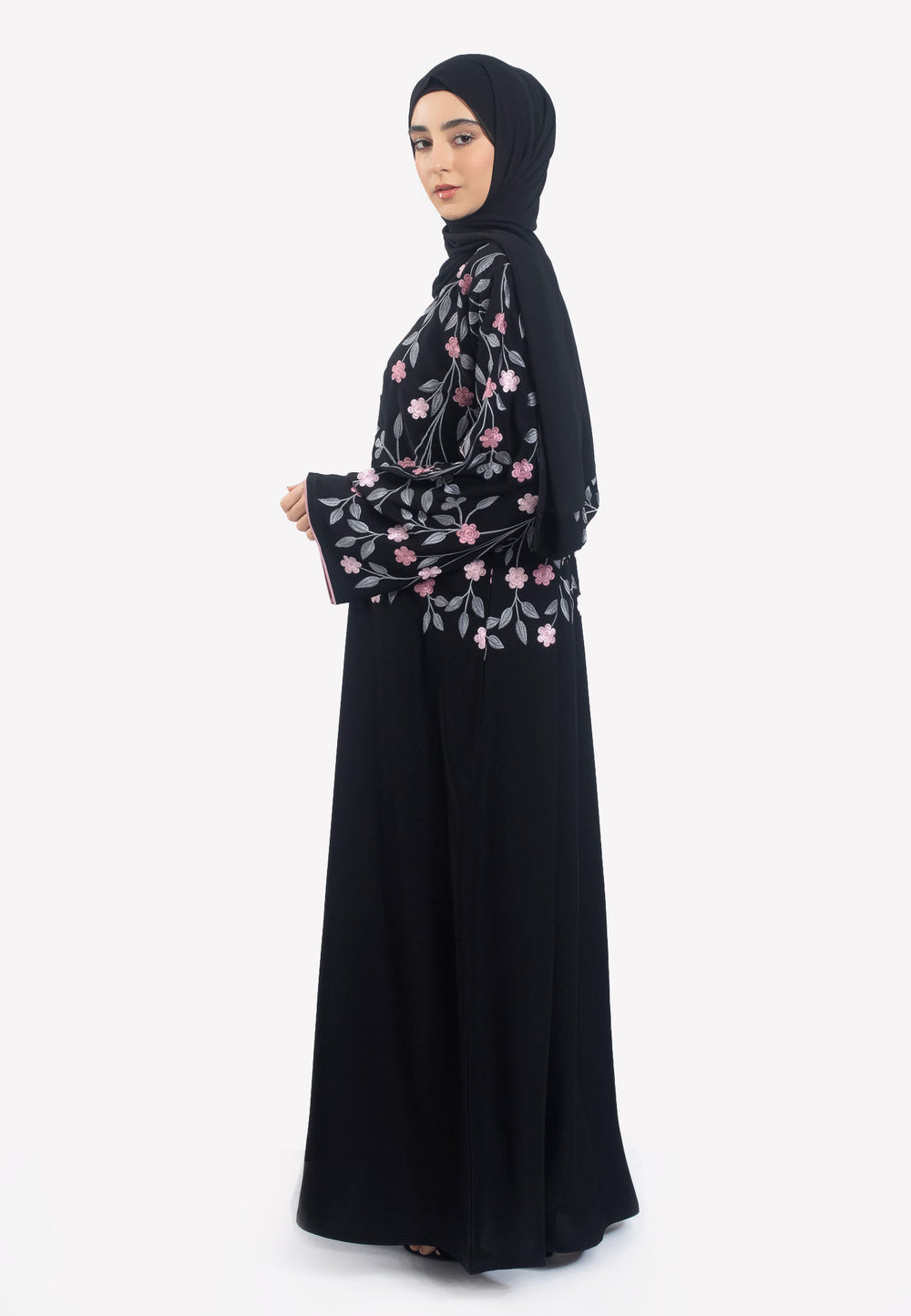 Side - Floral Embroidered Open Abaya