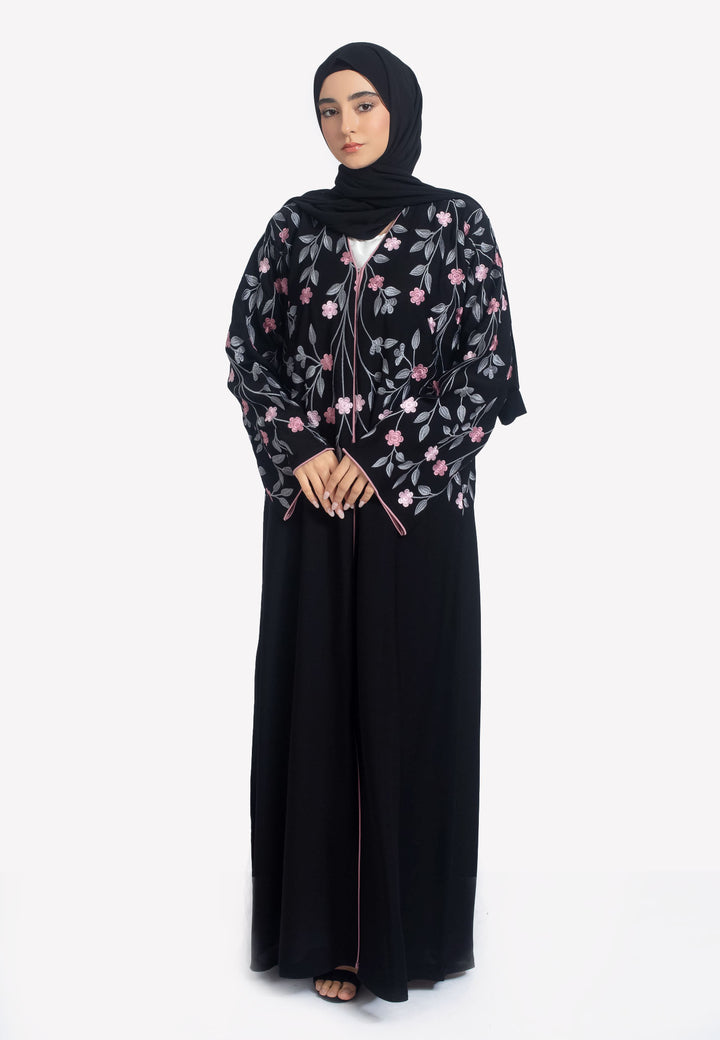 Front Closed - Floral Embroidered Open Abaya