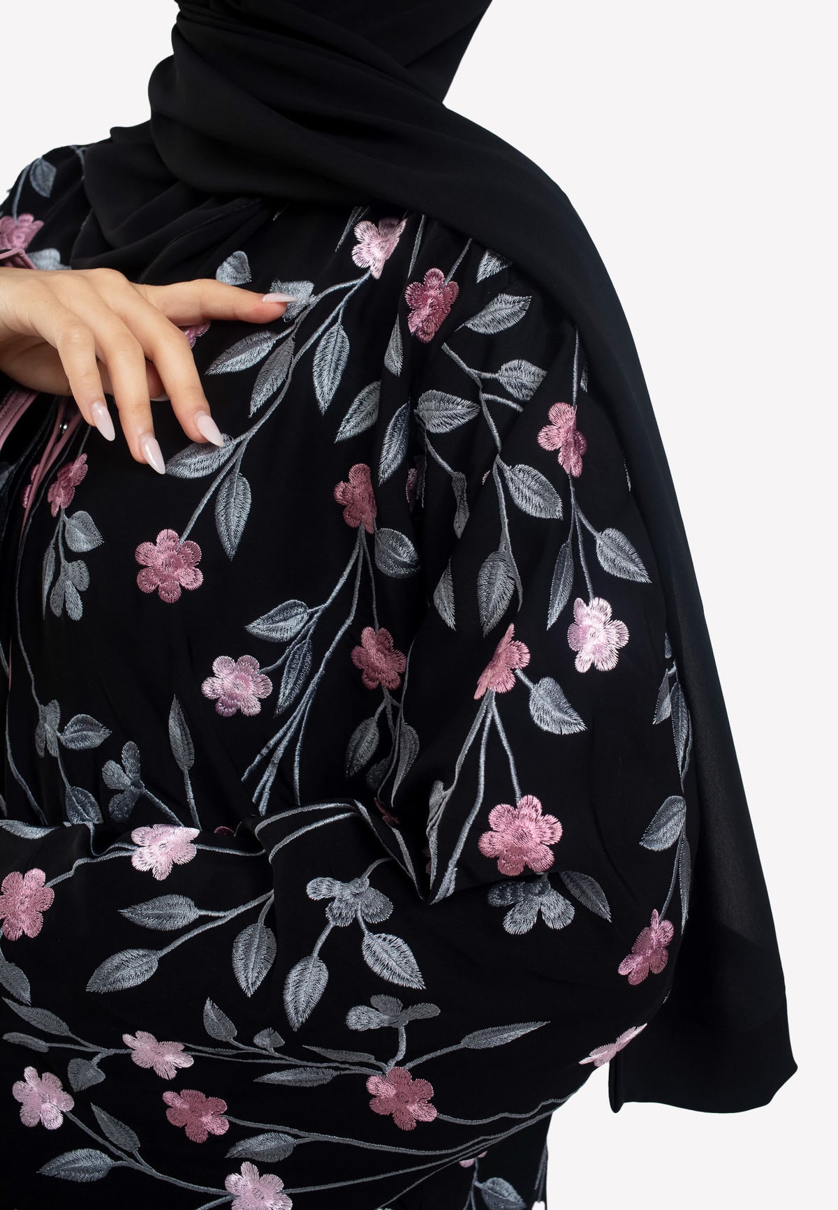 Details - Floral Embroidered Open Abaya