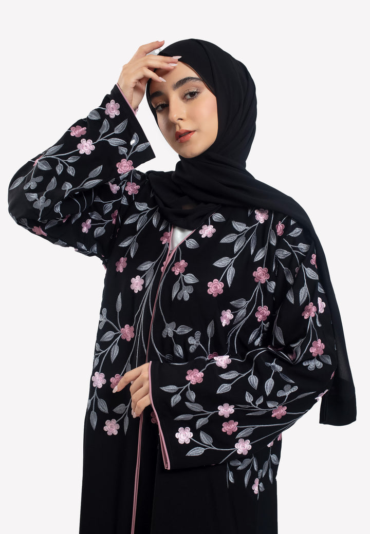 Upper Embroidery - Floral Embroidered Open Abaya