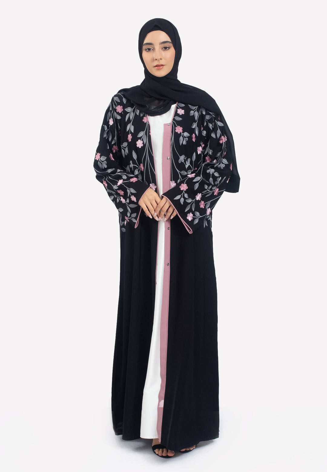 Front Open - Floral Embroidered Open Abaya