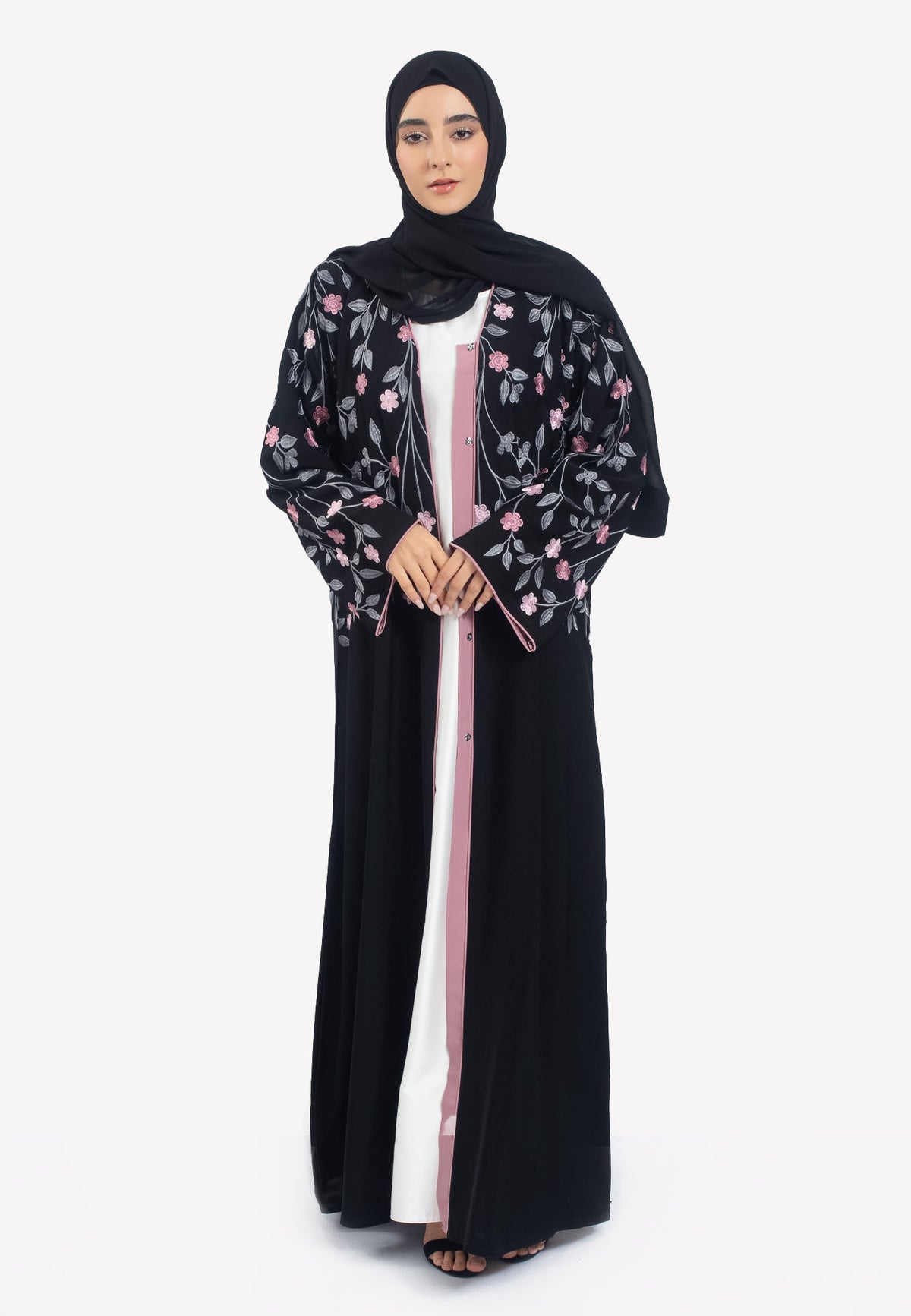 Front Open - Floral Embroidered Open Abaya