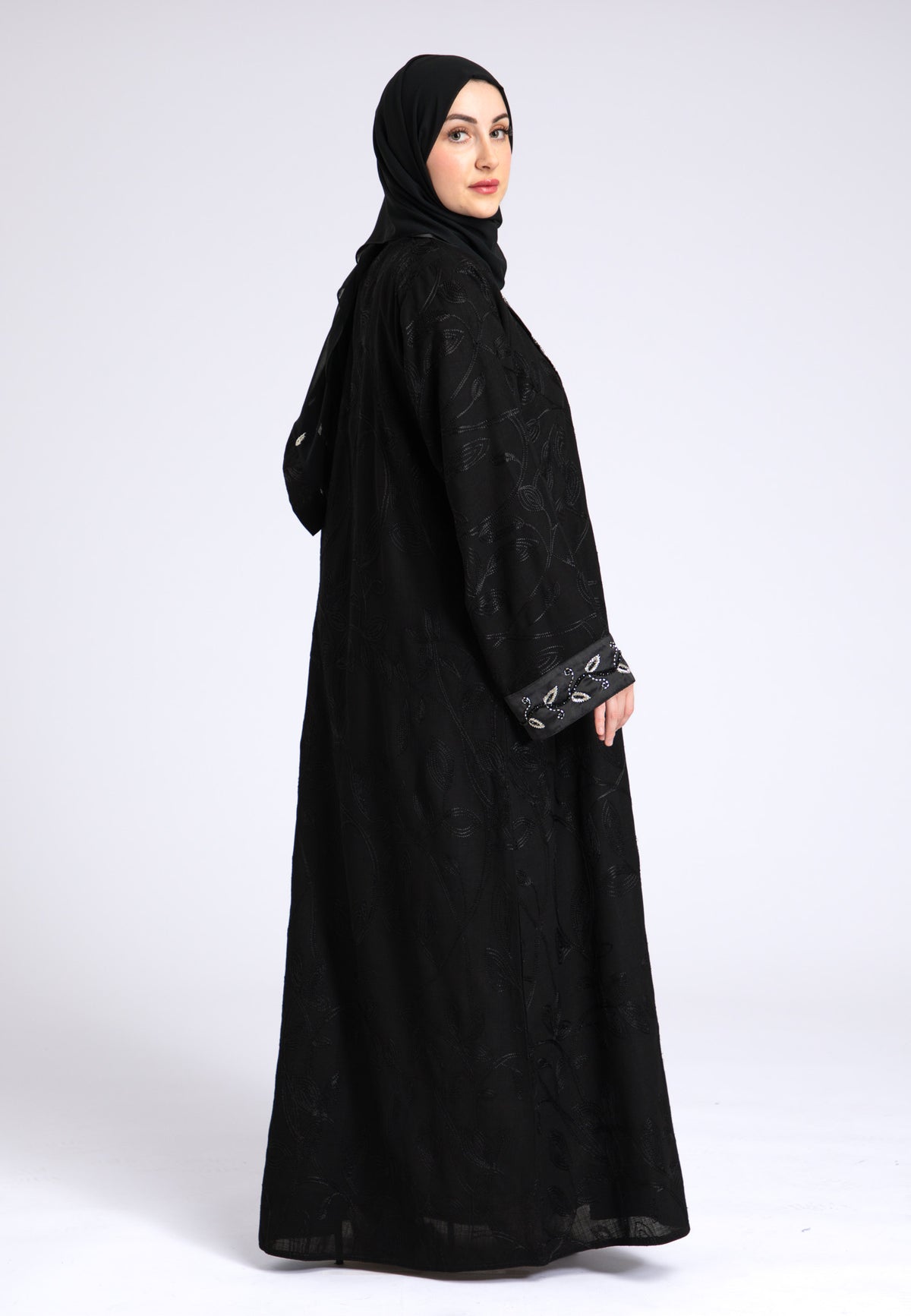 Midnight Black Notched Lapel Open Abaya
