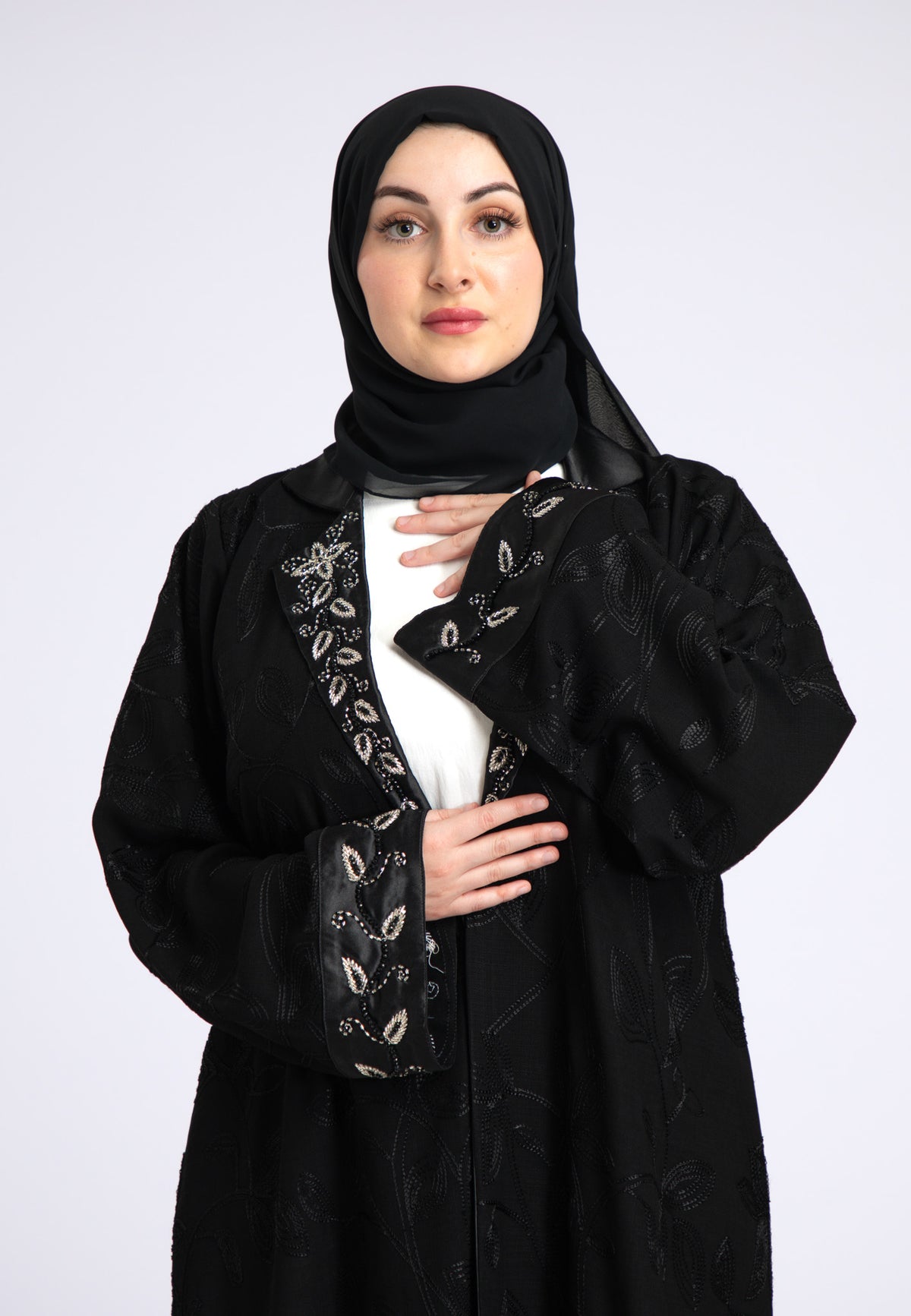Midnight Black Notched Lapel Open Abaya