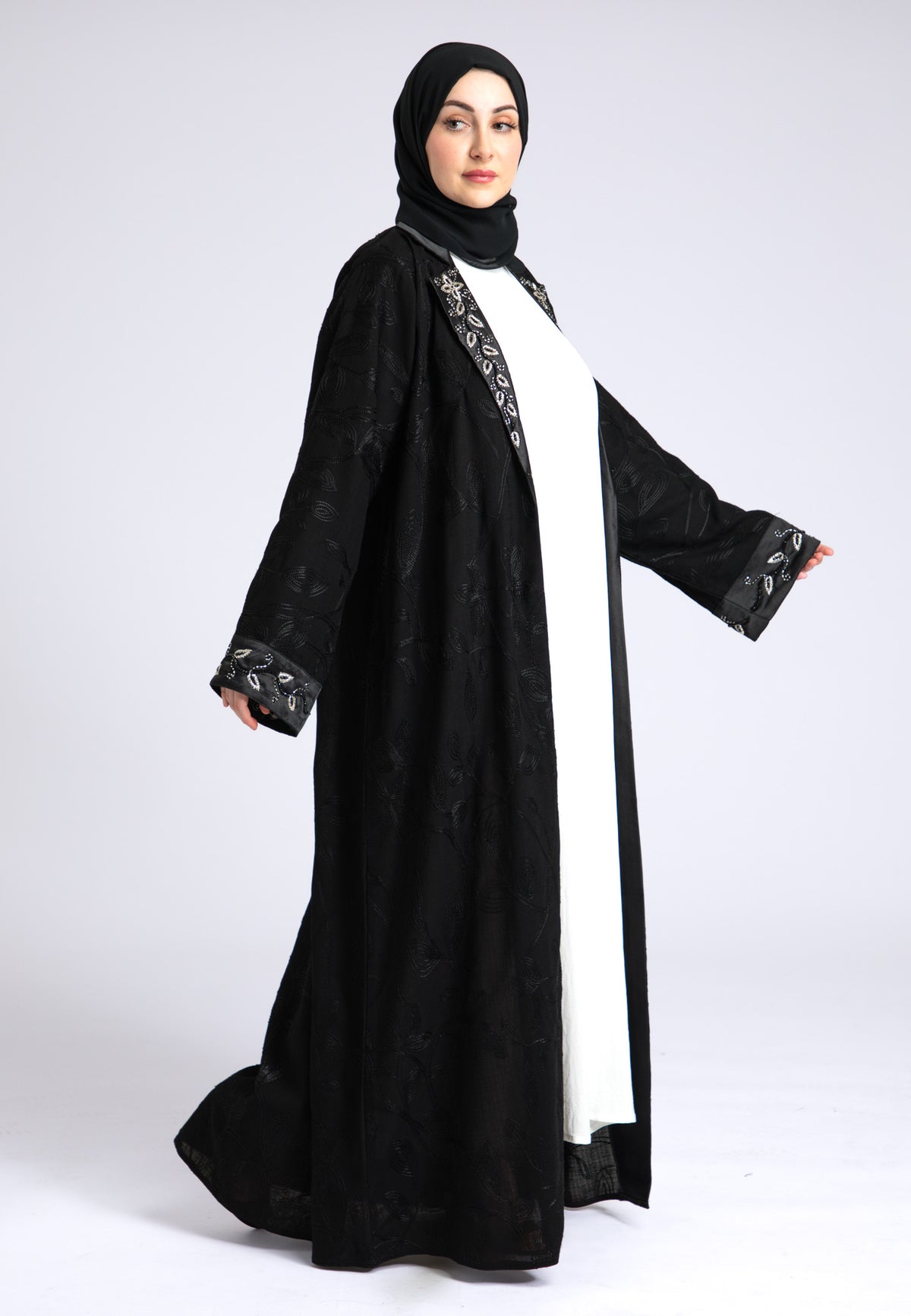 Midnight Black Notched Lapel Open Abaya