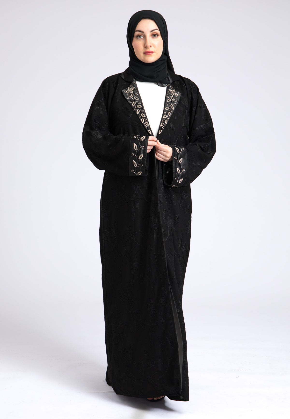 Midnight Black Notched Lapel Open Abaya
