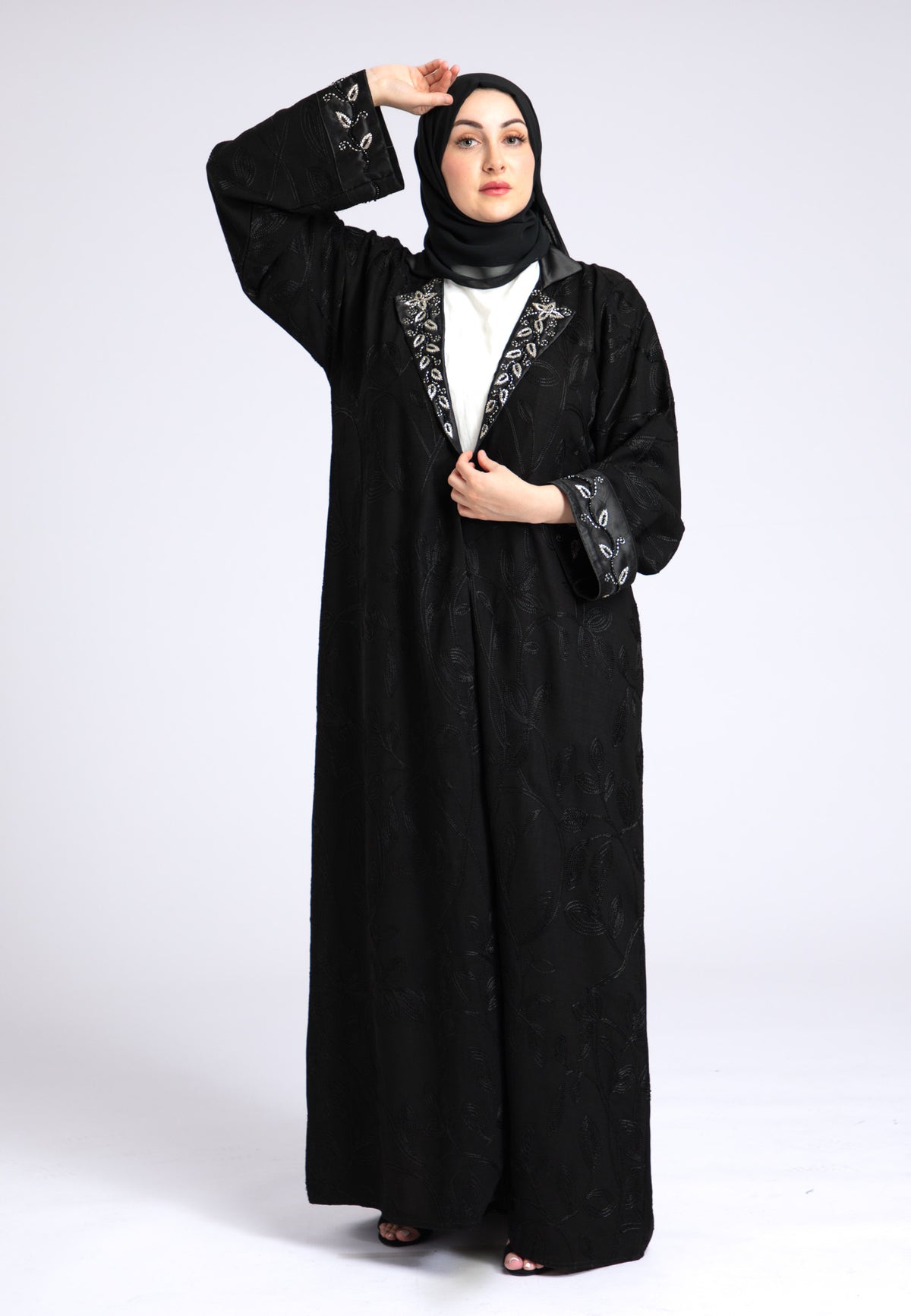 Midnight Black Notched Lapel Open Abaya