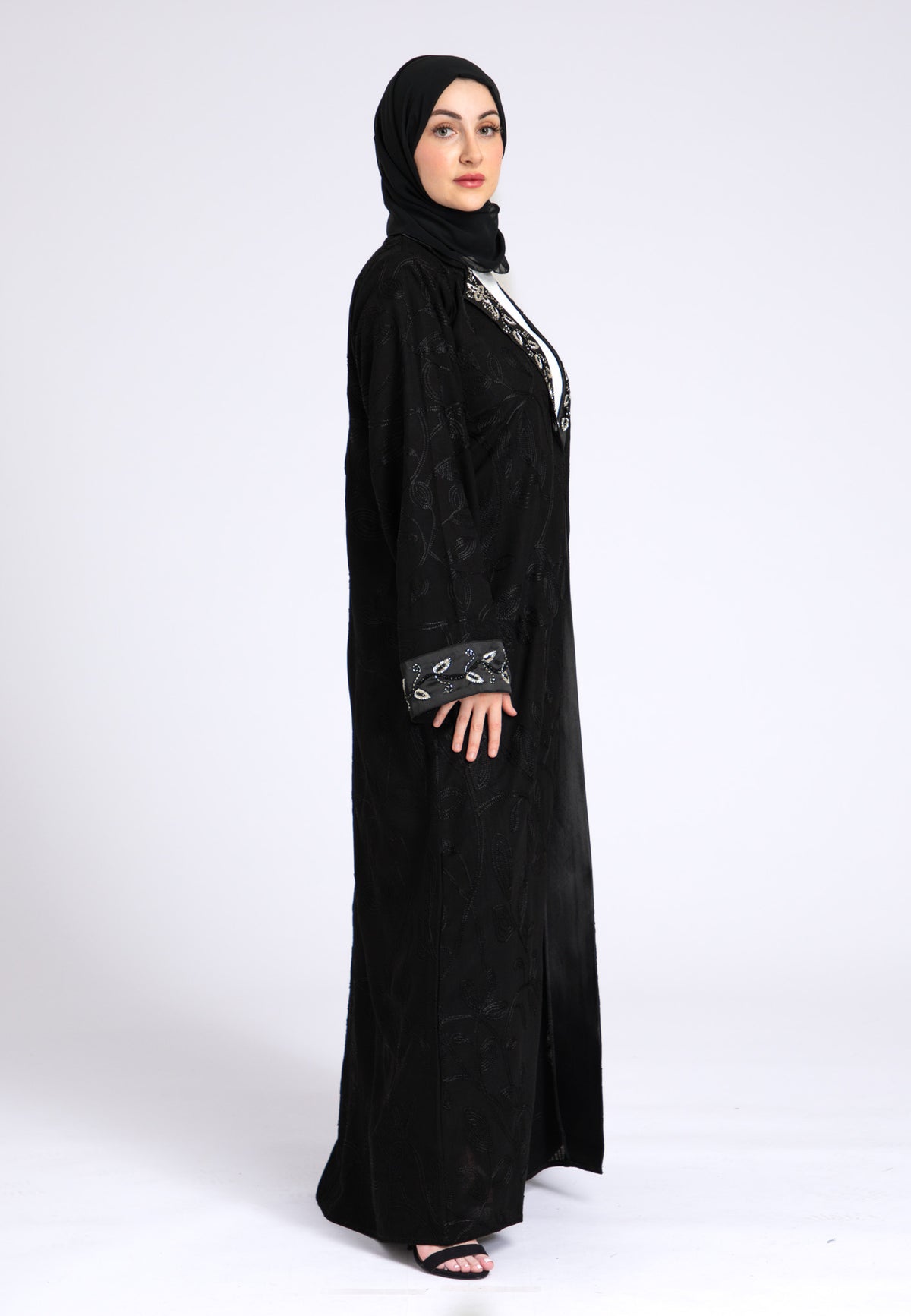 Midnight Black Notched Lapel Open Abaya