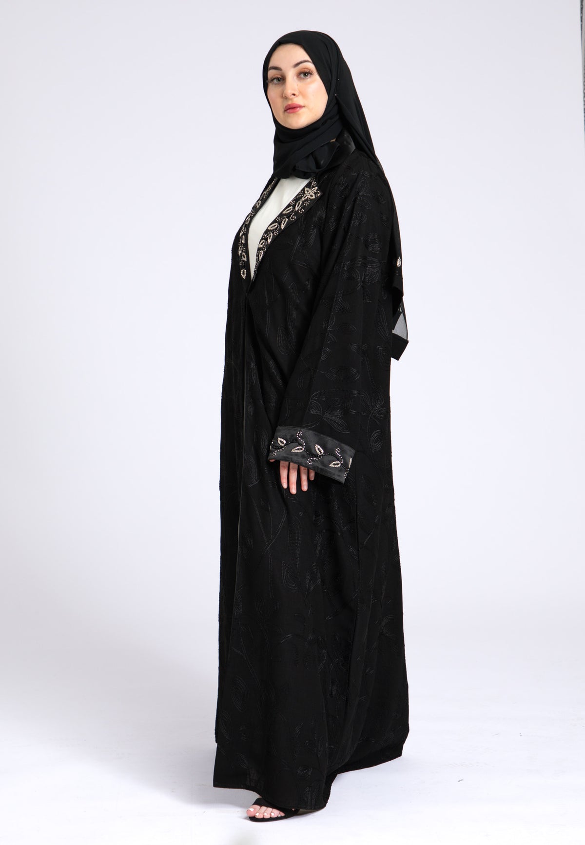 Midnight Black Notched Lapel Open Abaya