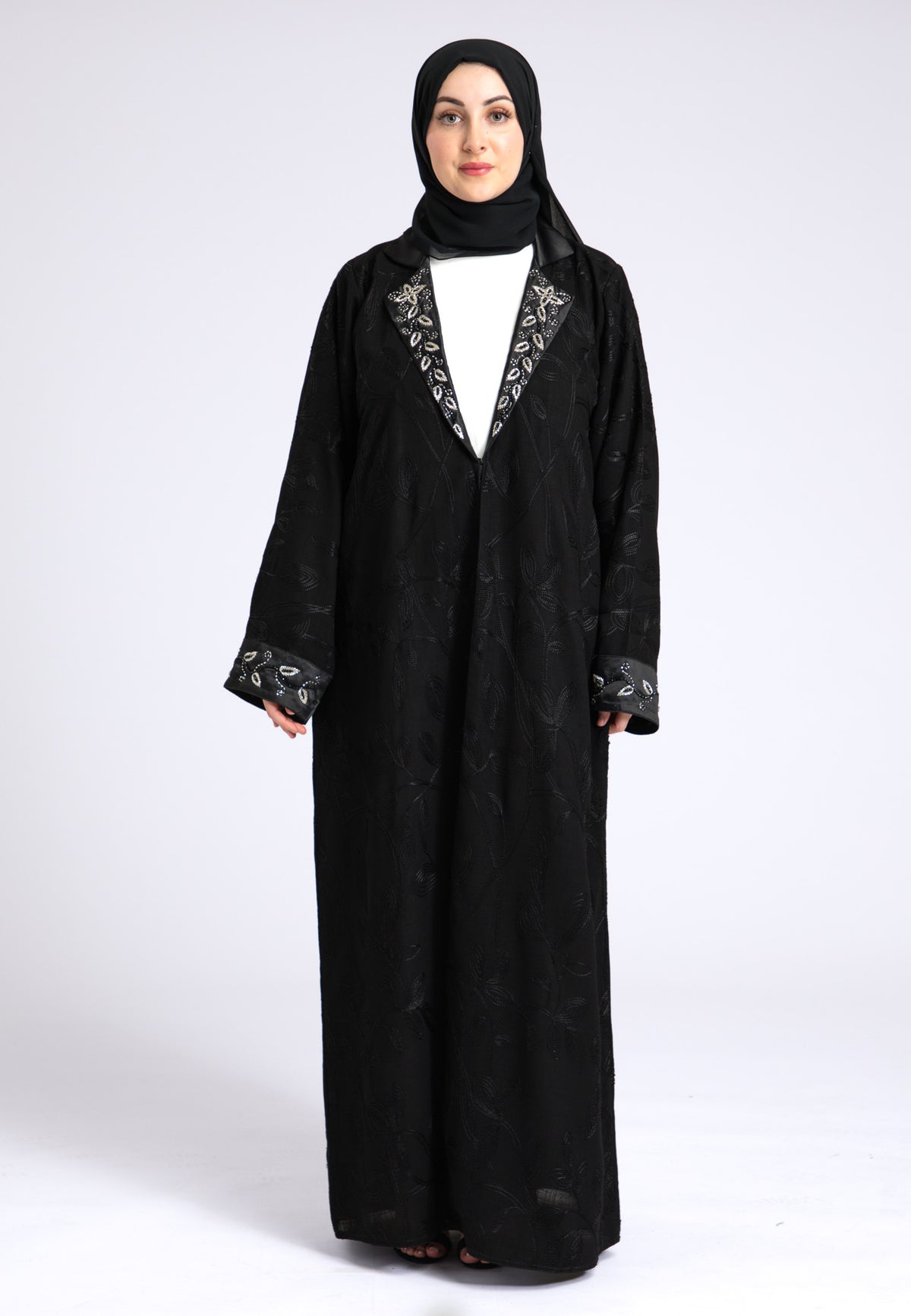 Midnight Black Notched Lapel Open Abaya