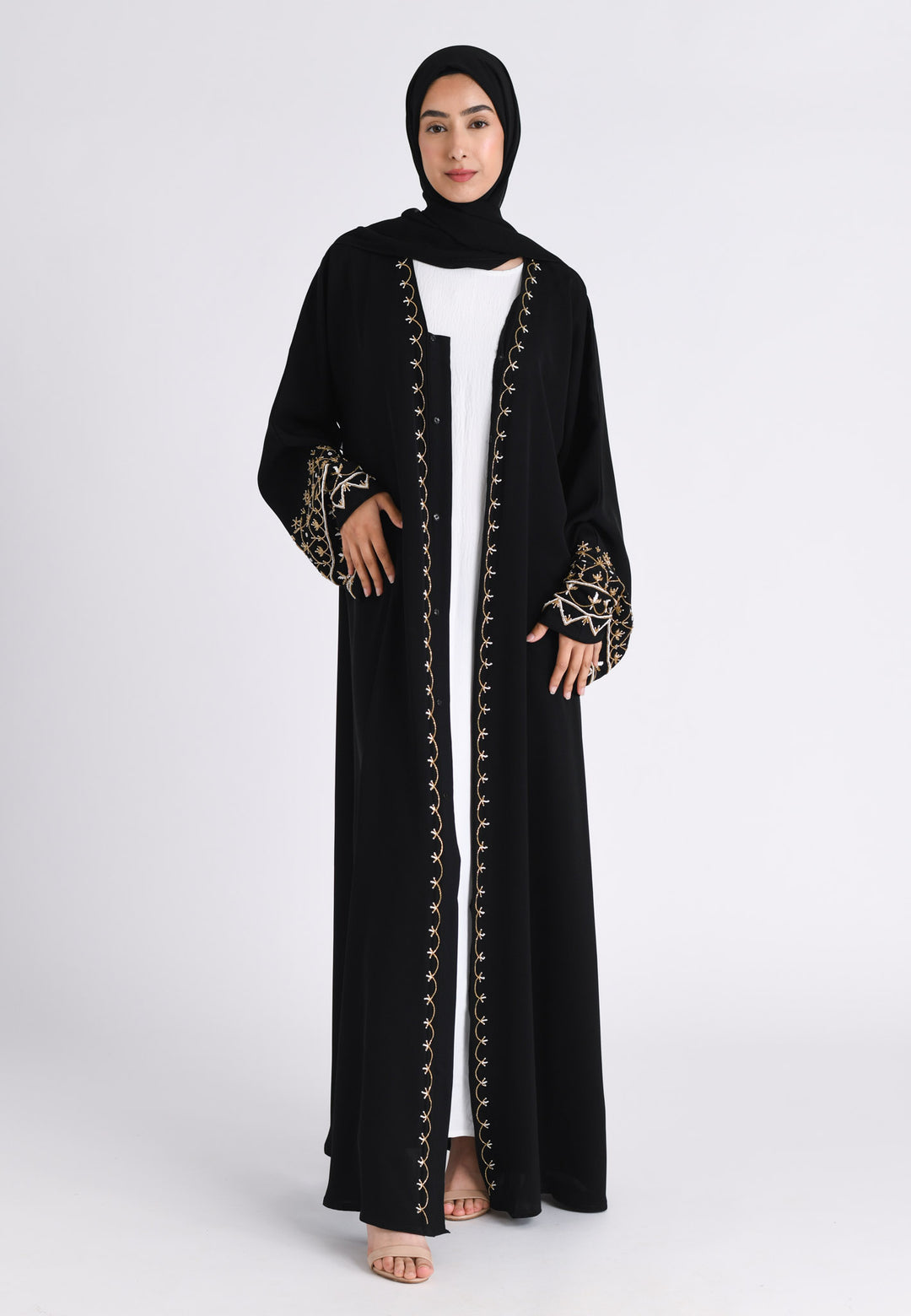 Midnight Black & Gold Lumire Open Abaya (Premium) | Hayah Al-Muslimah Midnight Black & Gold Lumire Open Abaya (Premium) | Hayah Al-Muslimah