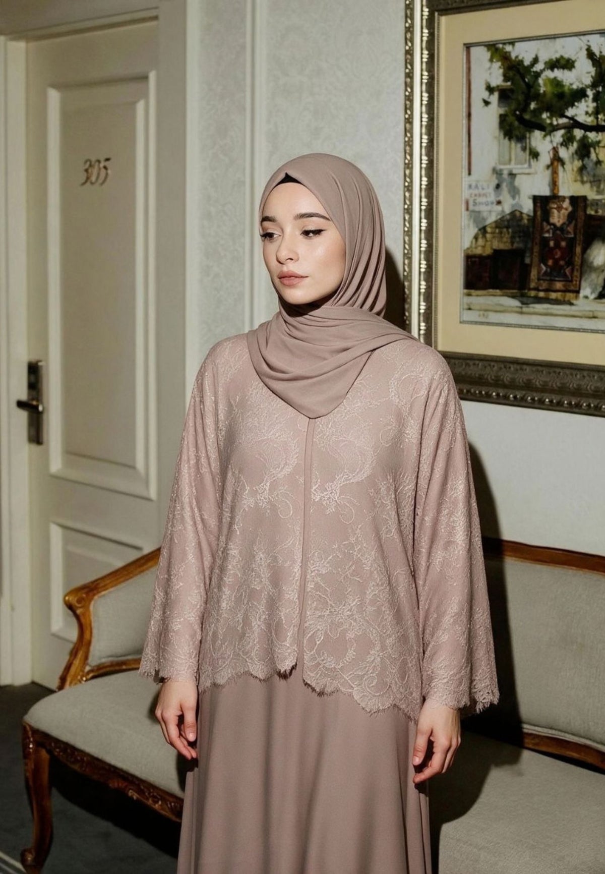 Mocha Lace Cape Open Abaya (Premium)