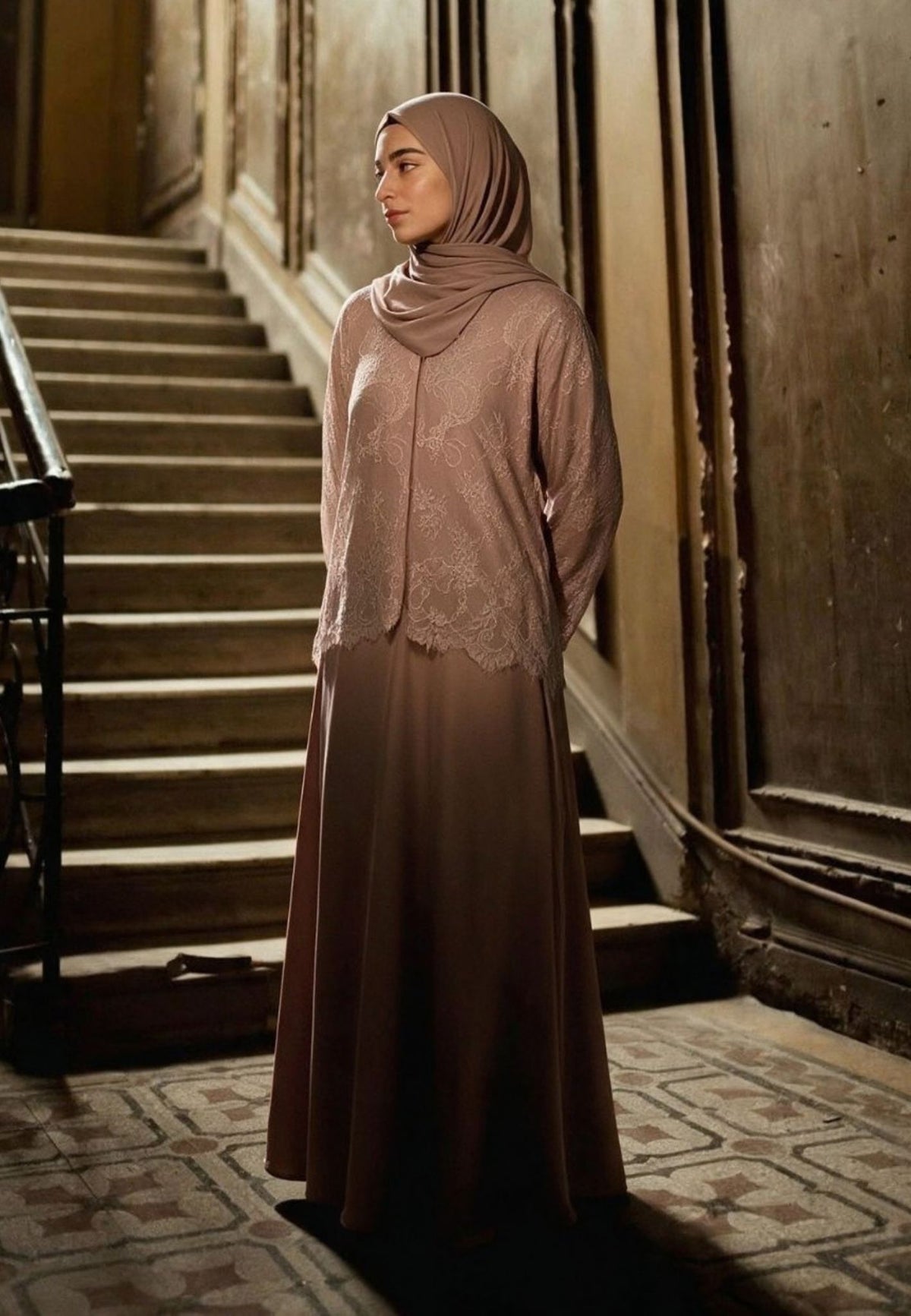 Mocha Lace Cape Open Abaya (Premium)