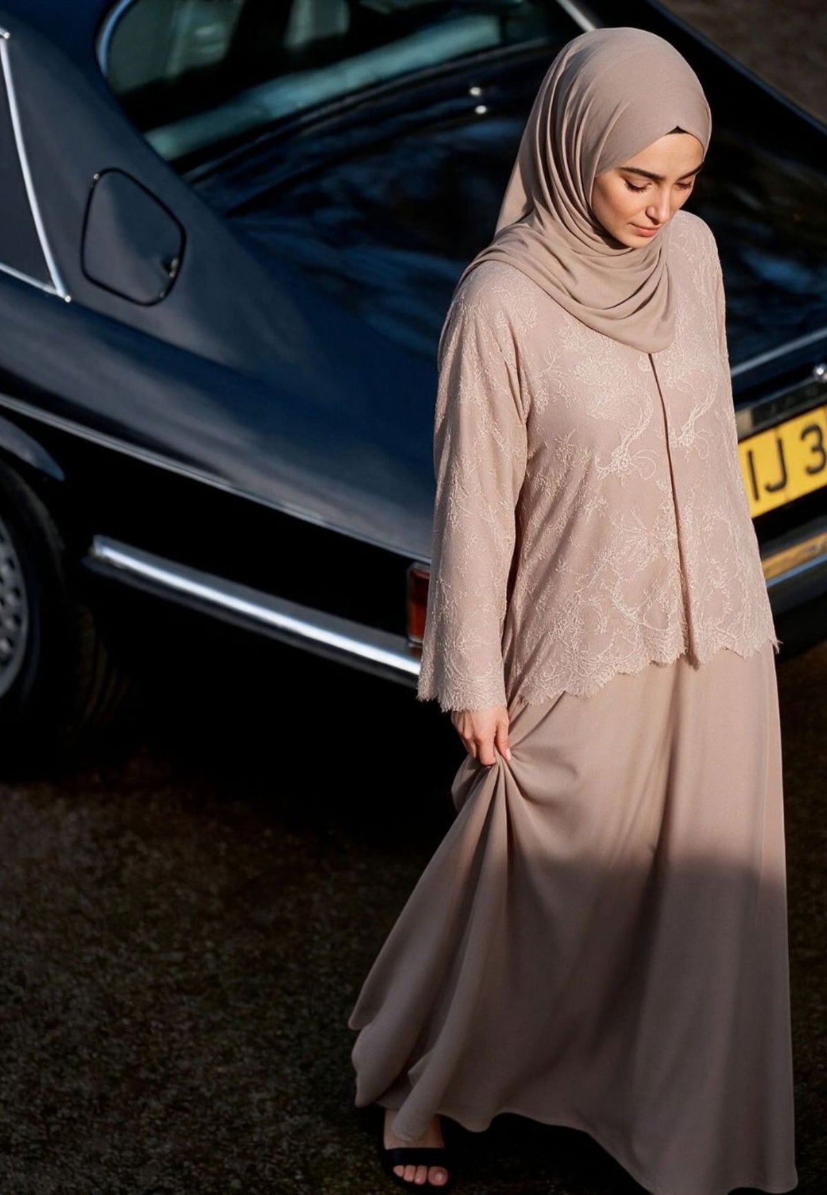 Mocha Lace Cape Open Abaya (Premium)