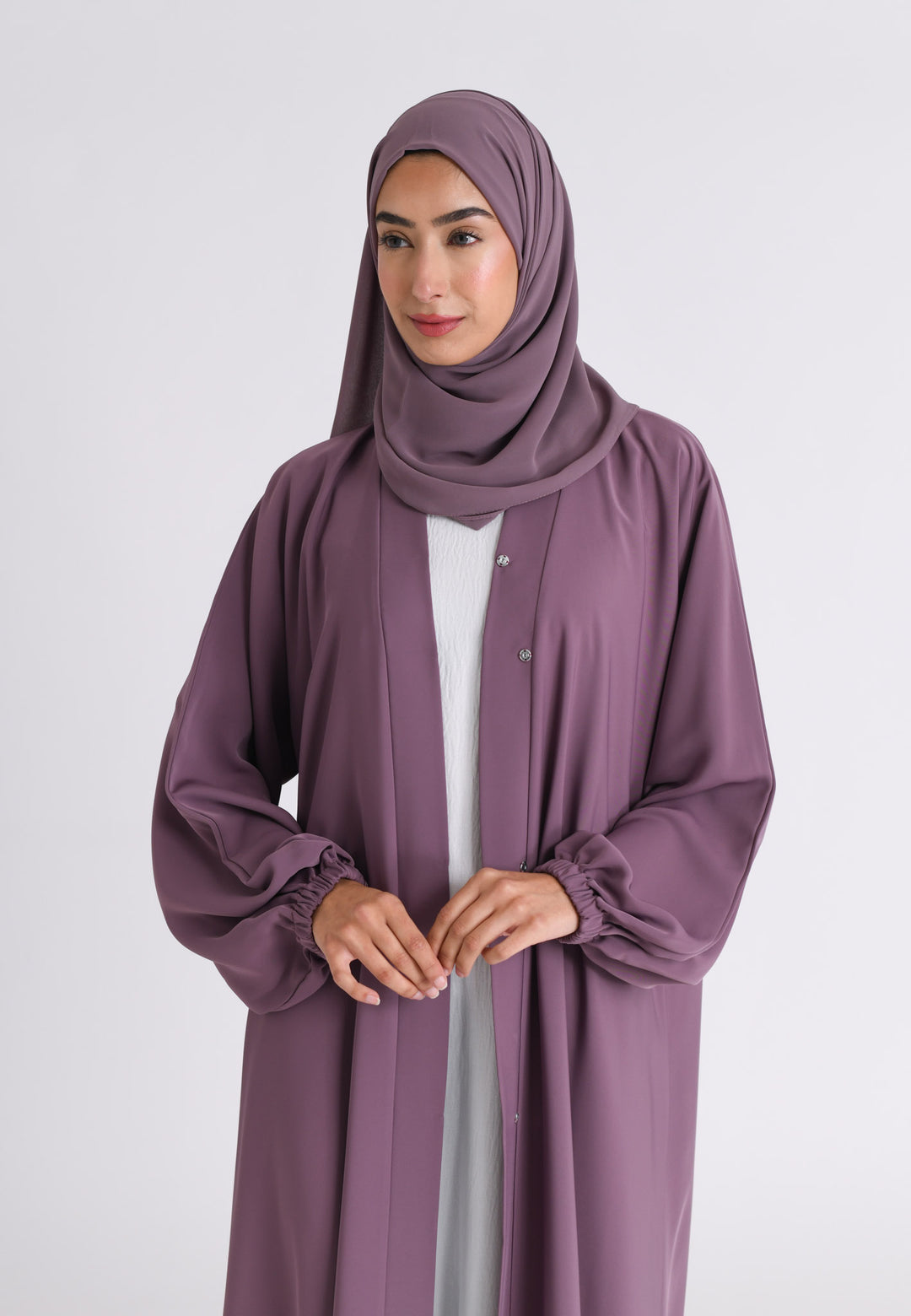 Mulberry Plain Open Abaya With Elasticated Cuff Sleeves (Premium) 54