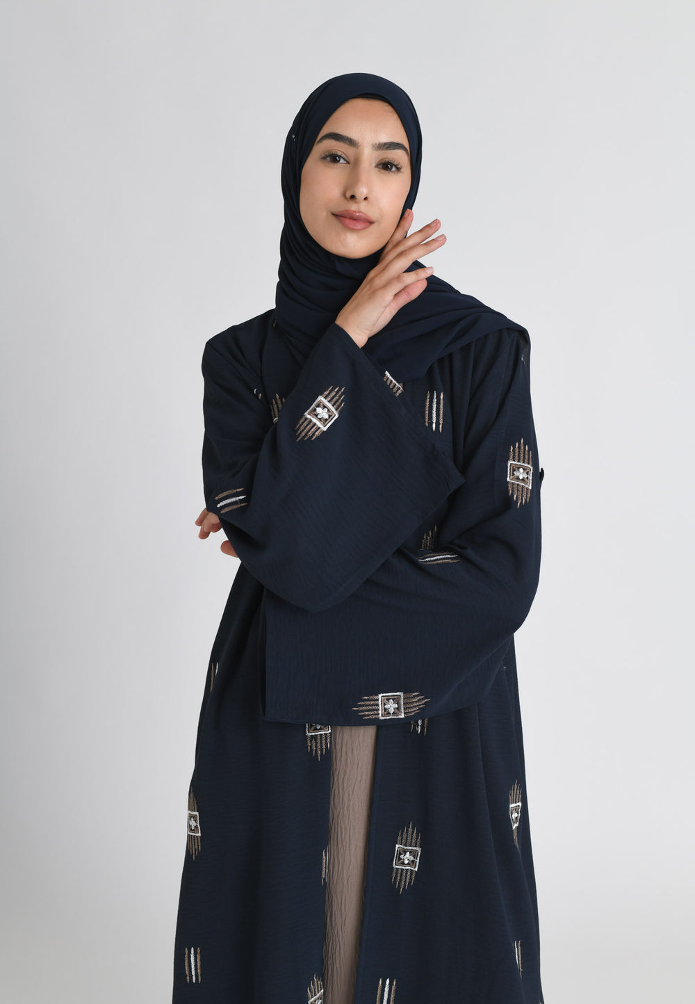 Navy Kimono Style Embroidered Open Abaya