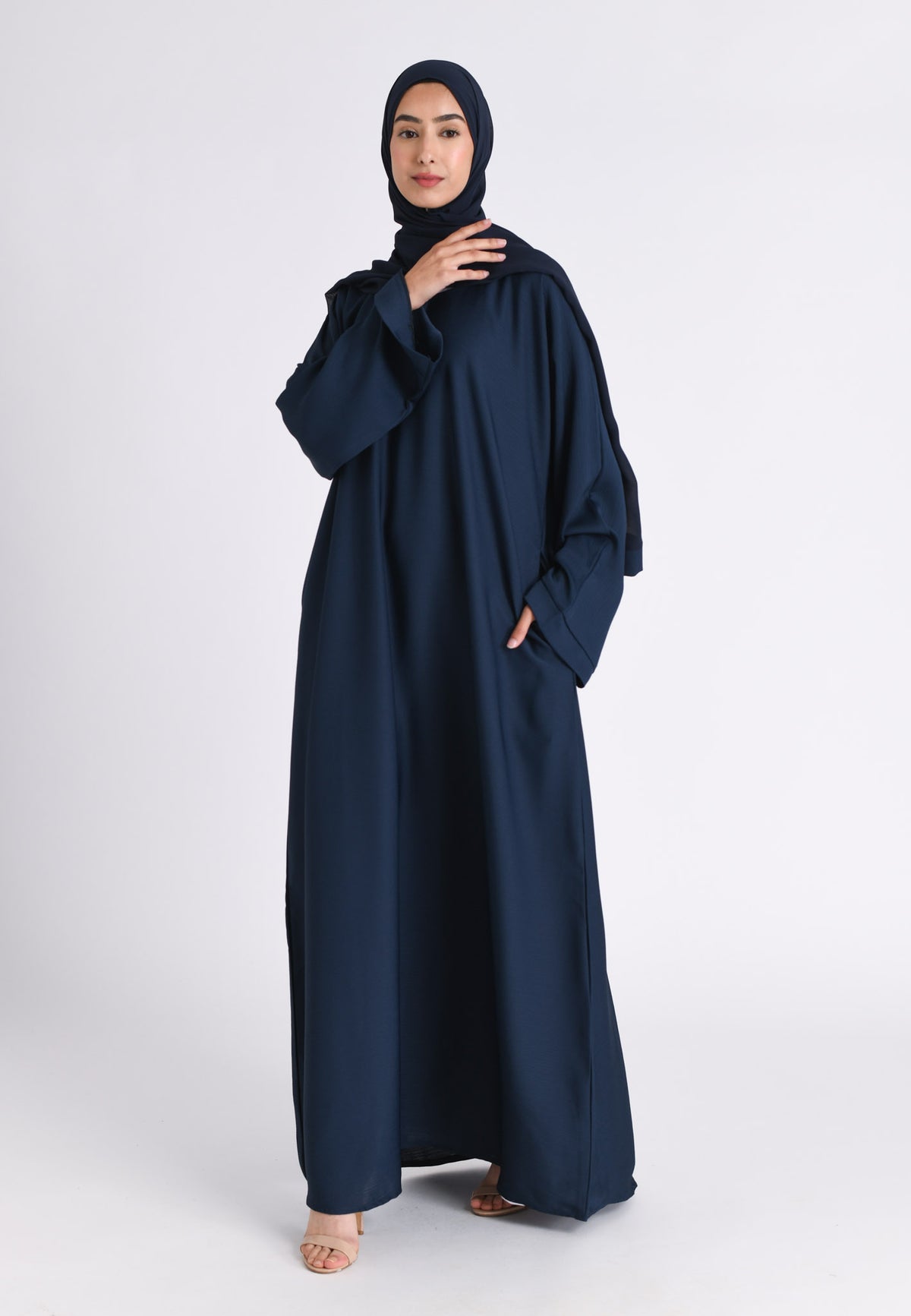 Navy Textured Abaya With Zip Pockets