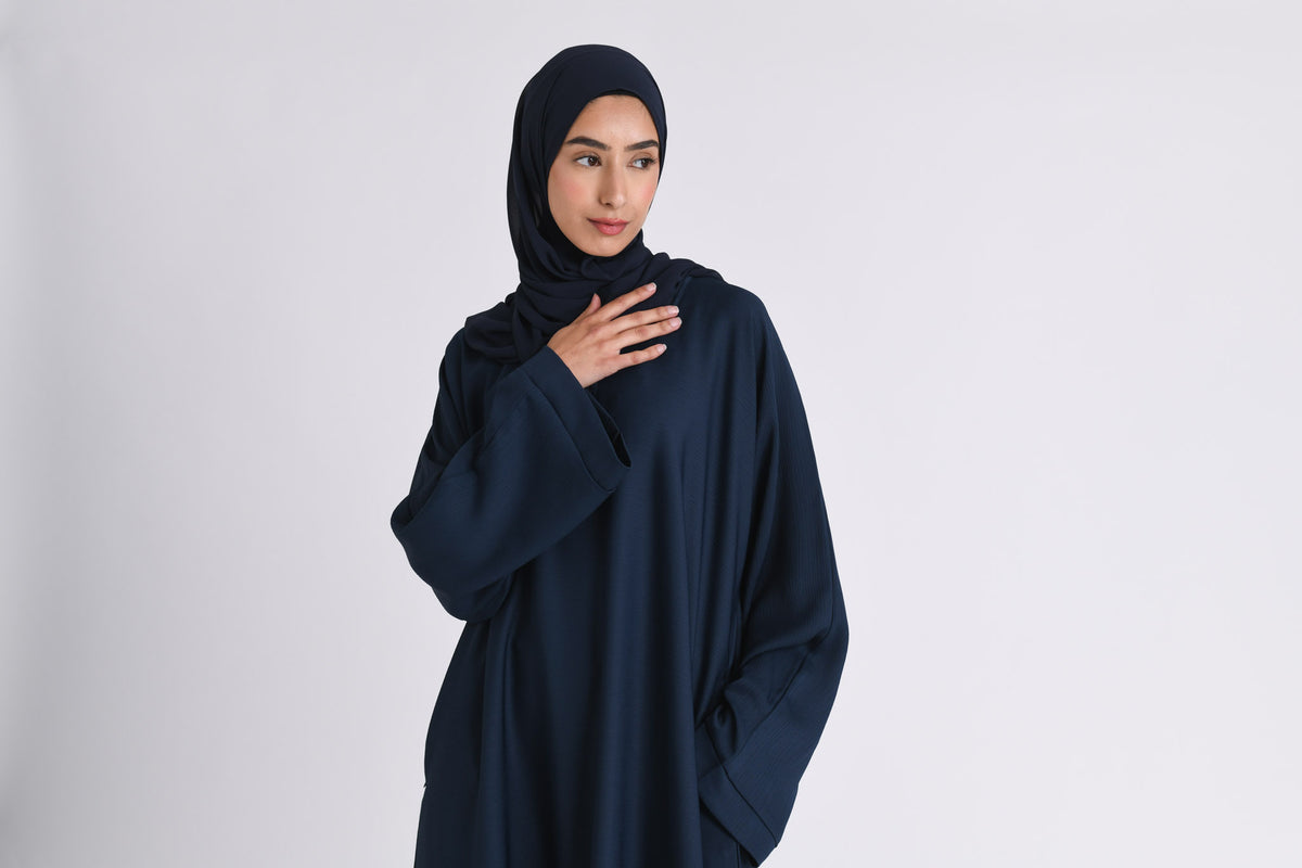 Navy Textured Abaya With Zip Pockets