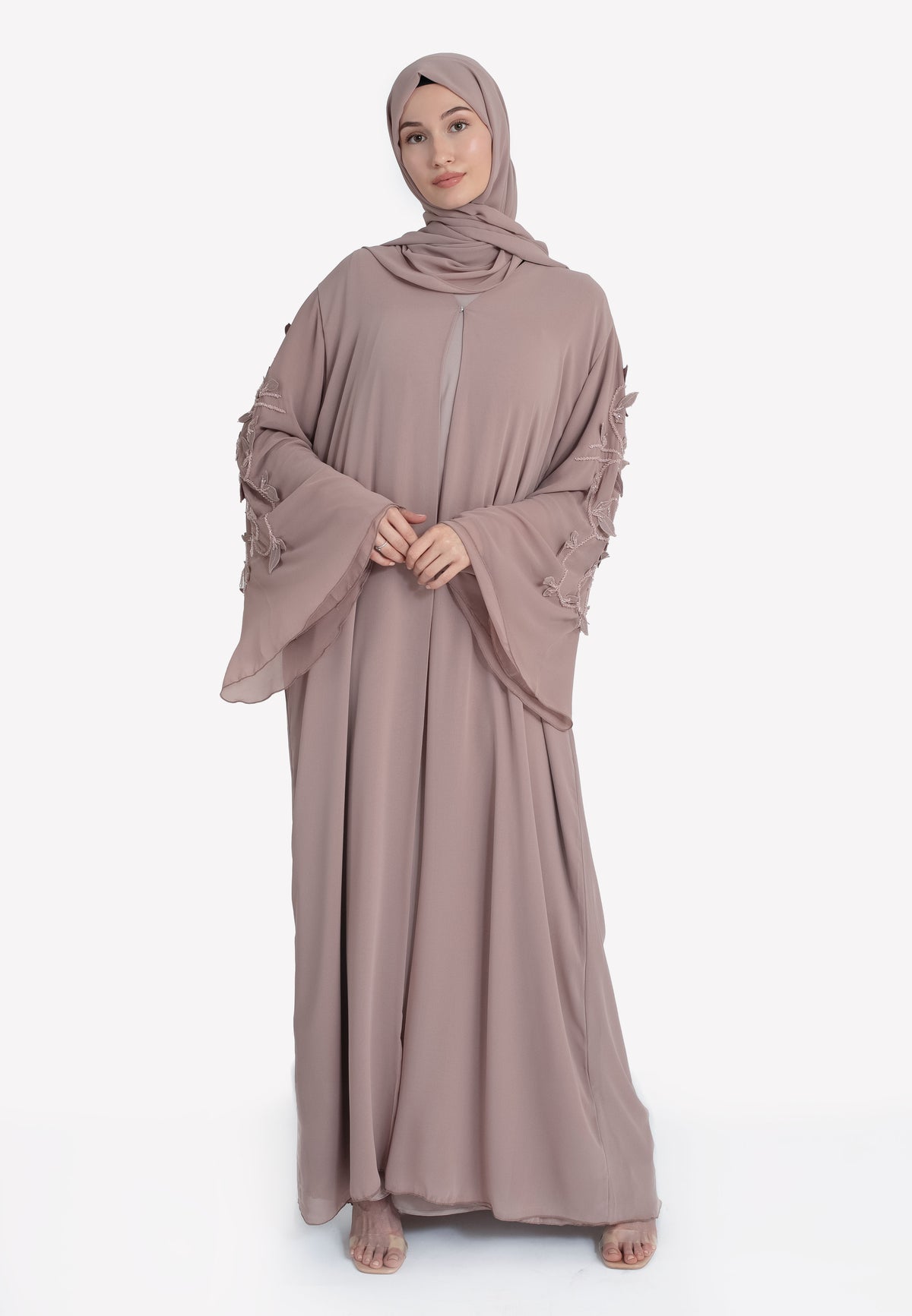 Nude Floral Abaya Set - Front