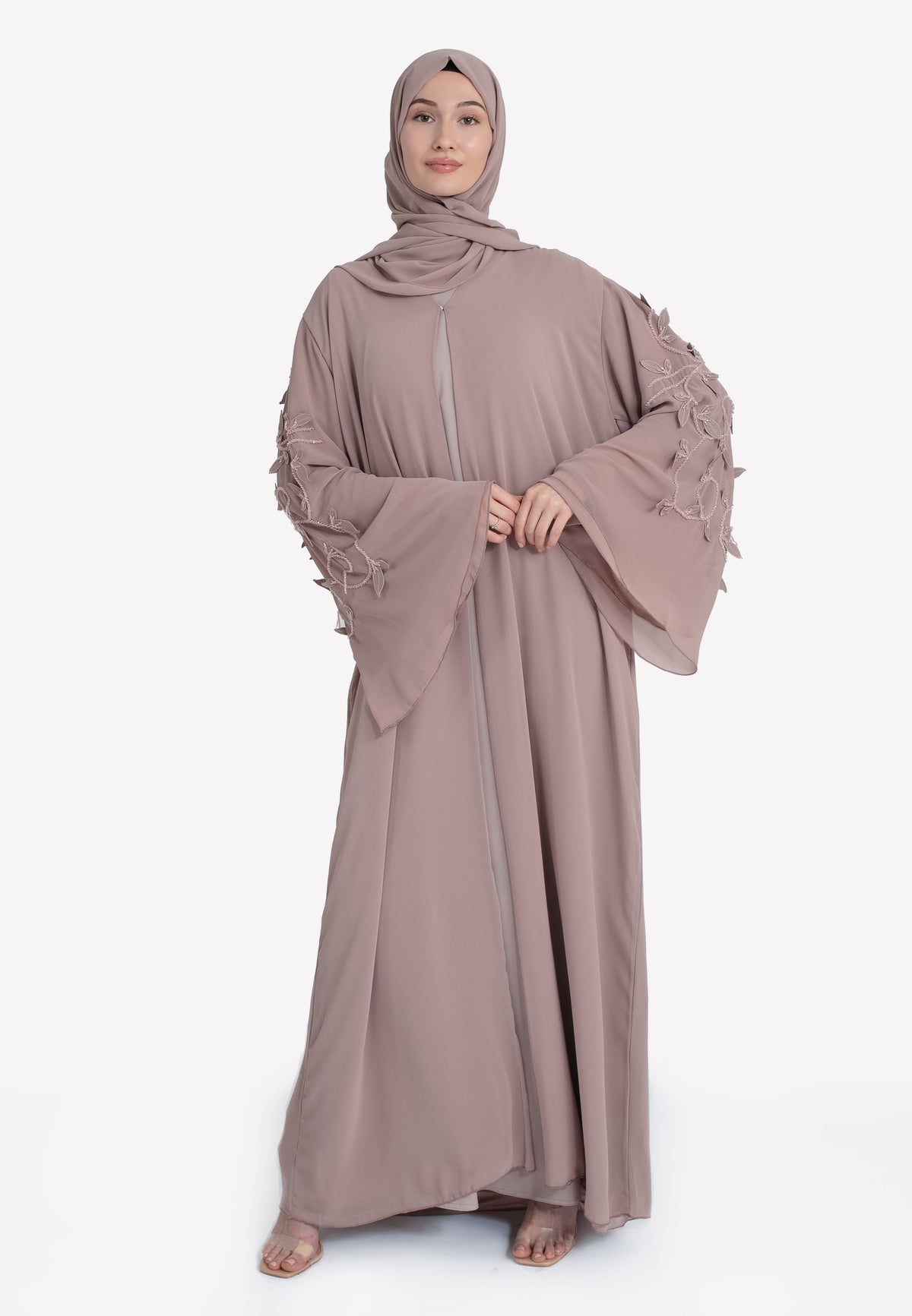 Nude Floral Abaya Set - Front