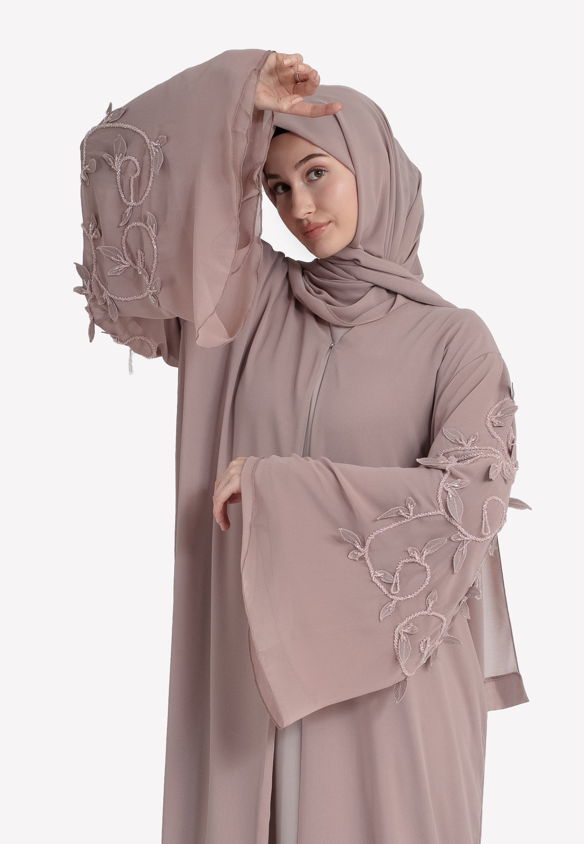 Nude Floral Abaya Set - Details