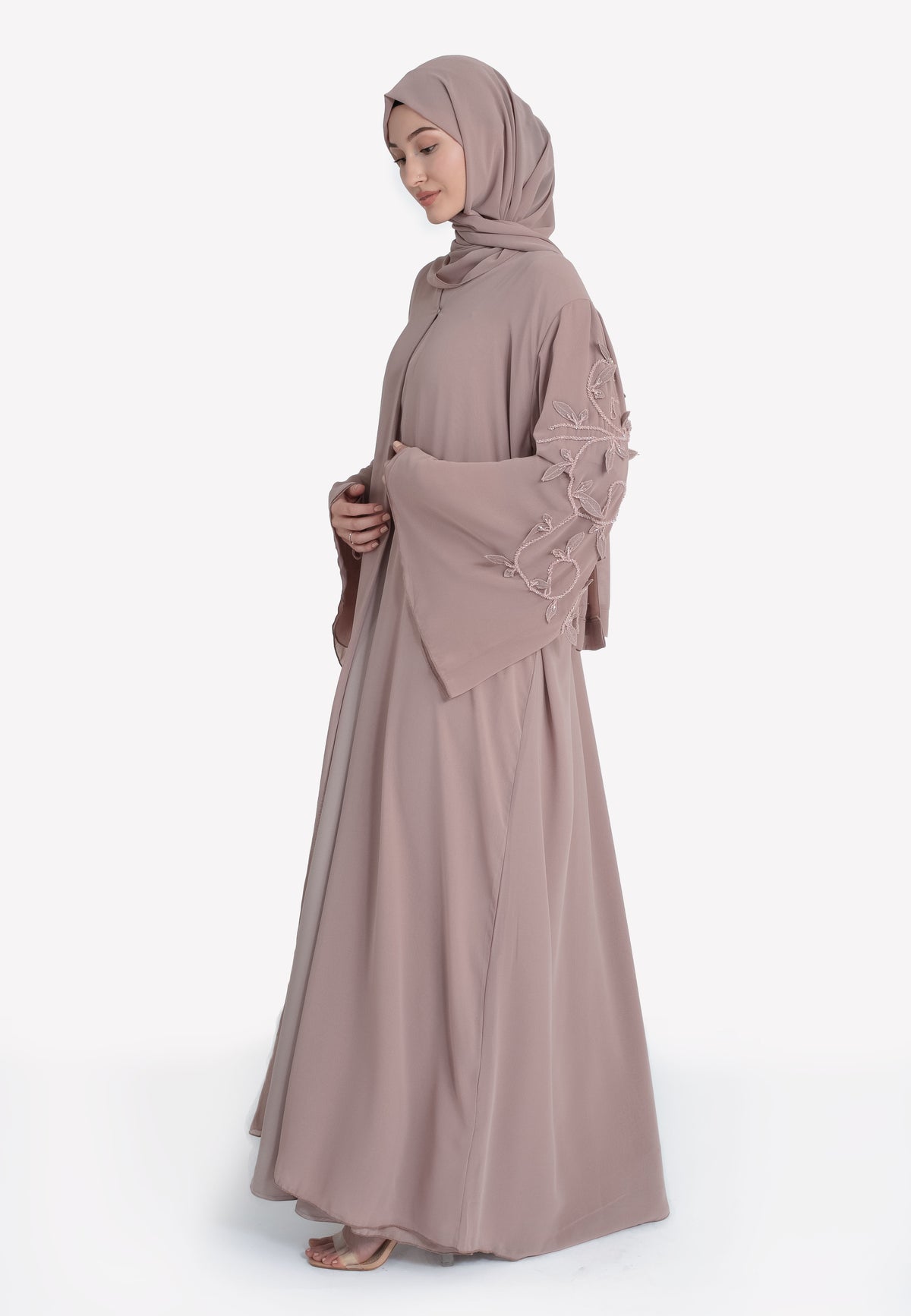 Nude Floral Abaya Set - Side