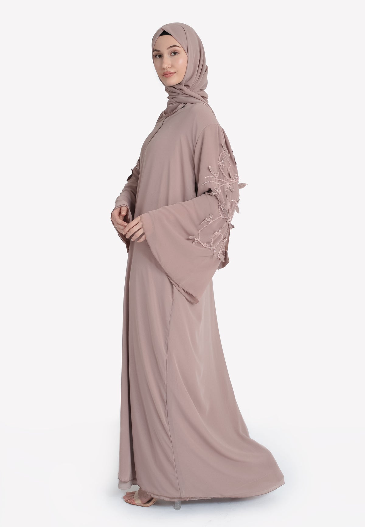 Nude Floral Abaya Set - Side