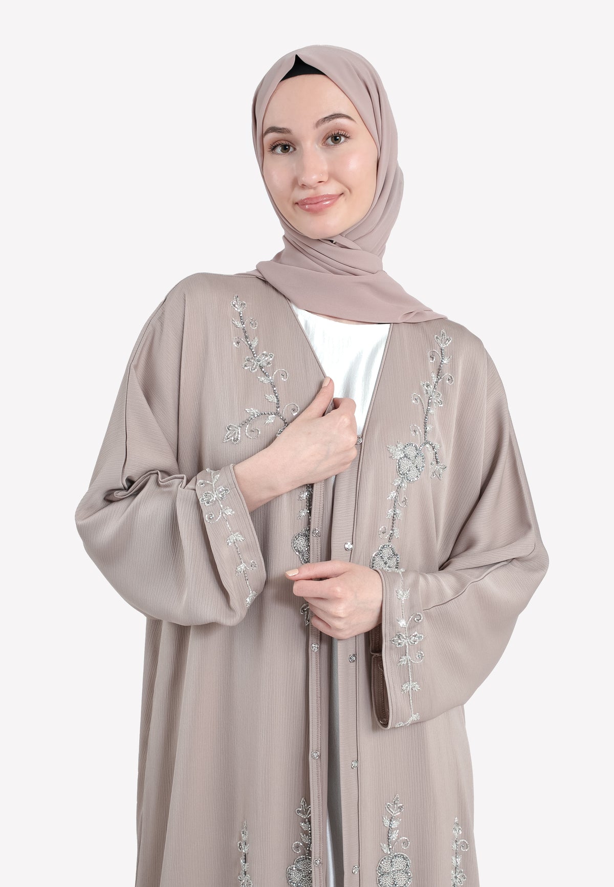 Oat Textured Embellished Open Abaya -Details