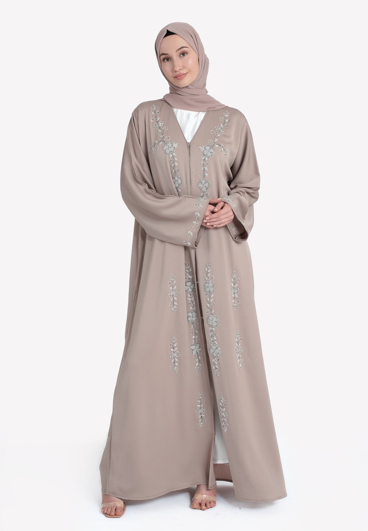 Oat Textured Embellished Open Abaya - Front