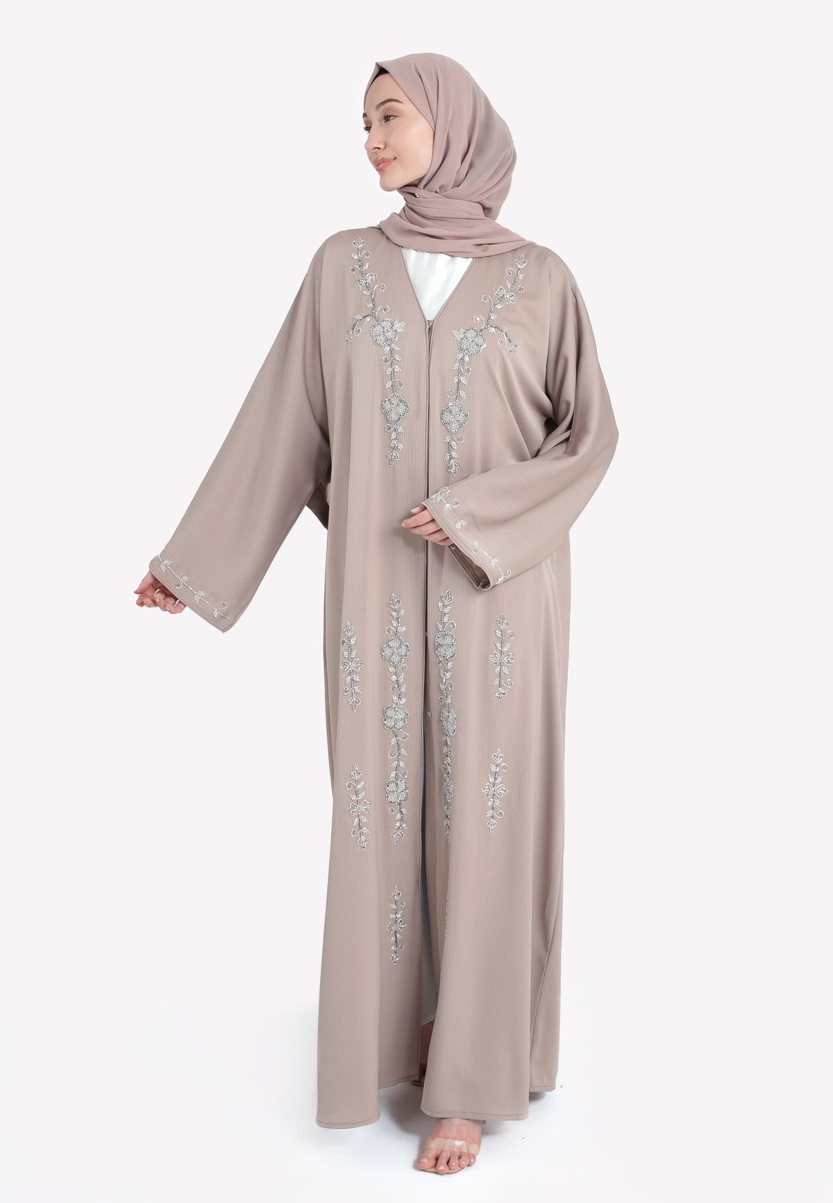 Oat Textured Embellished Open Abaya - Front