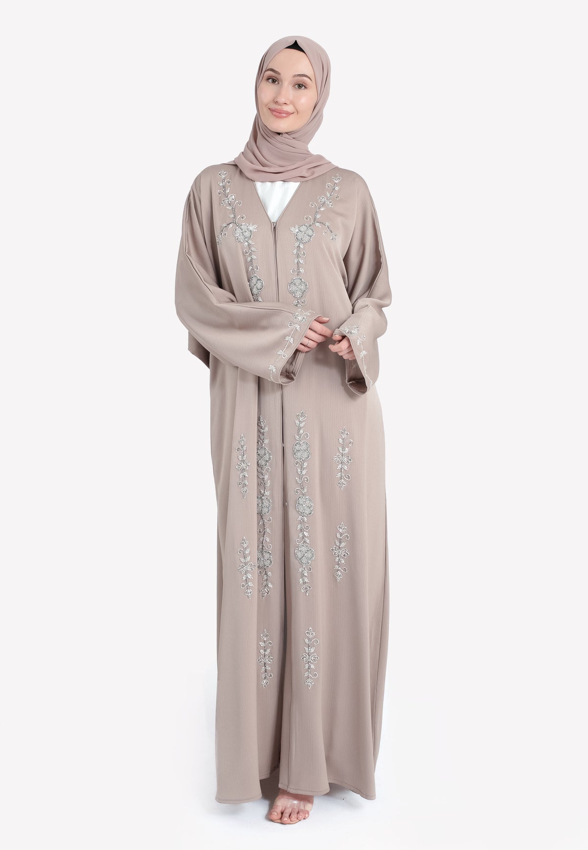 Oat Textured Embellished Open Abaya - Front