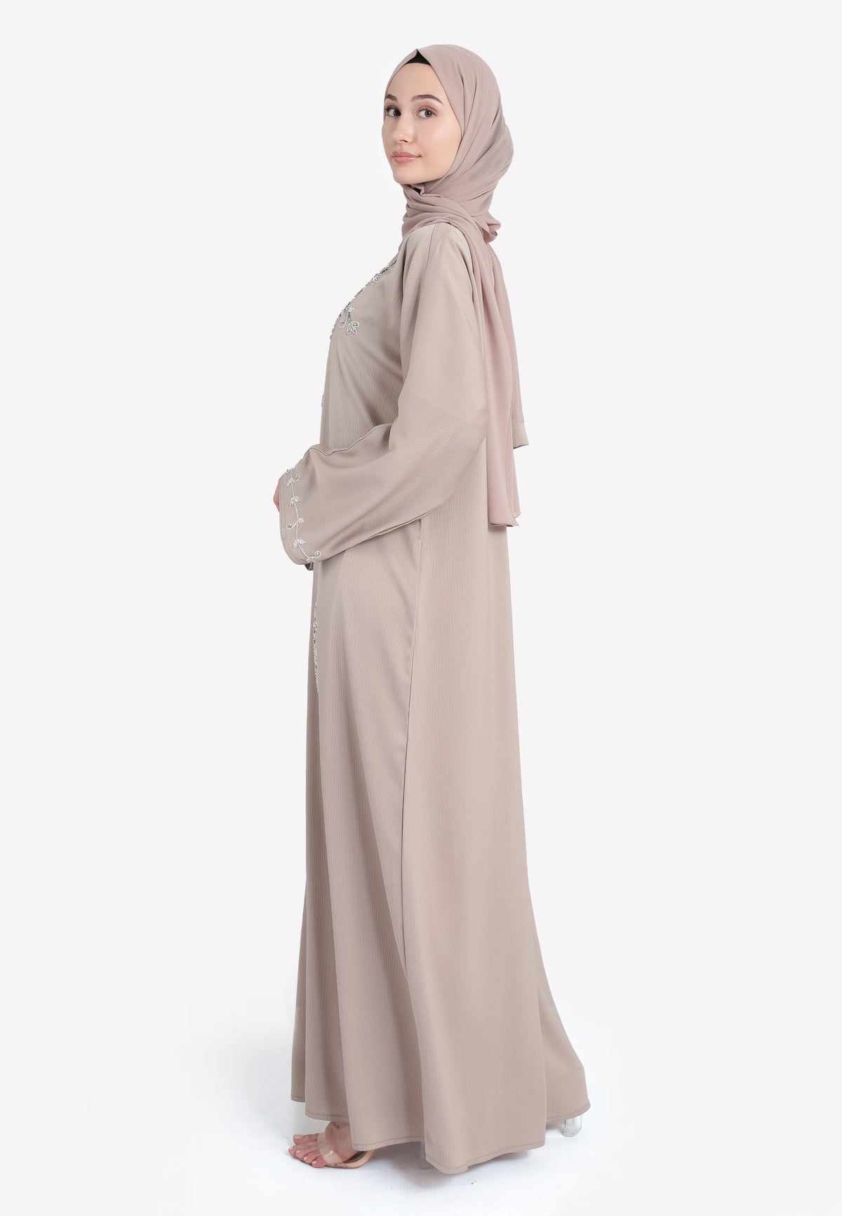 Oat Textured Embellished Open Abaya - Side