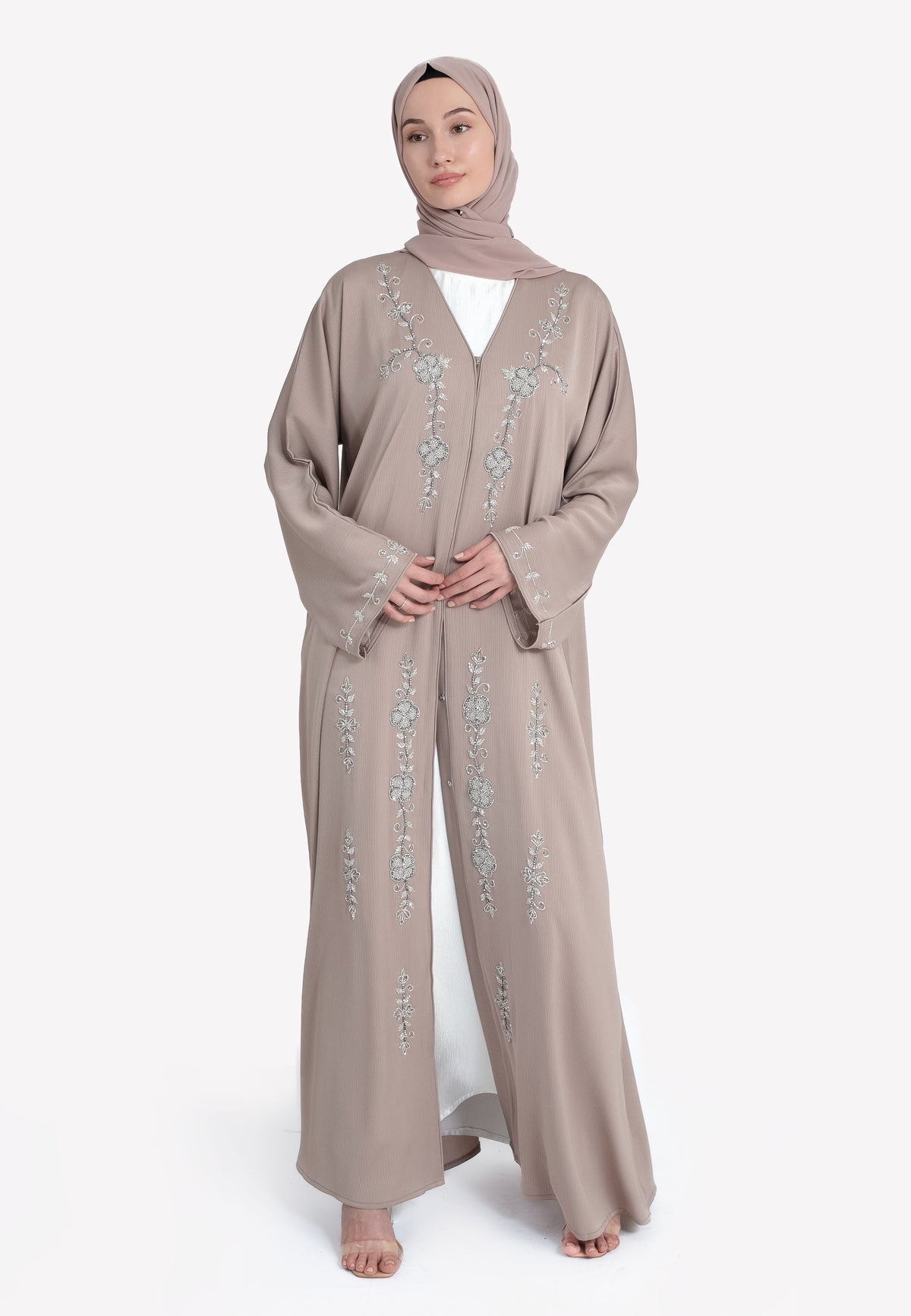 Oat Textured Embellished Open Abaya - Front