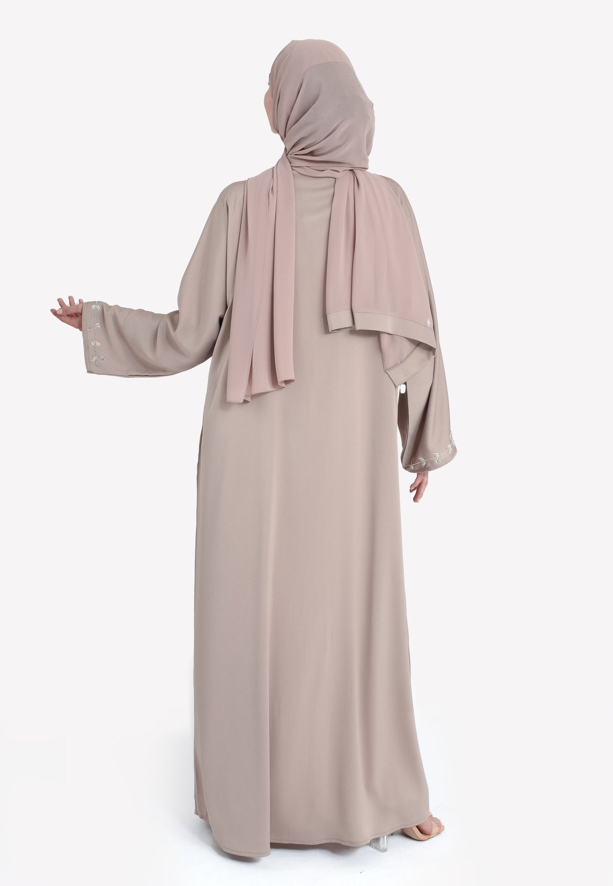 Oat Textured Embellished Open Abaya - Back