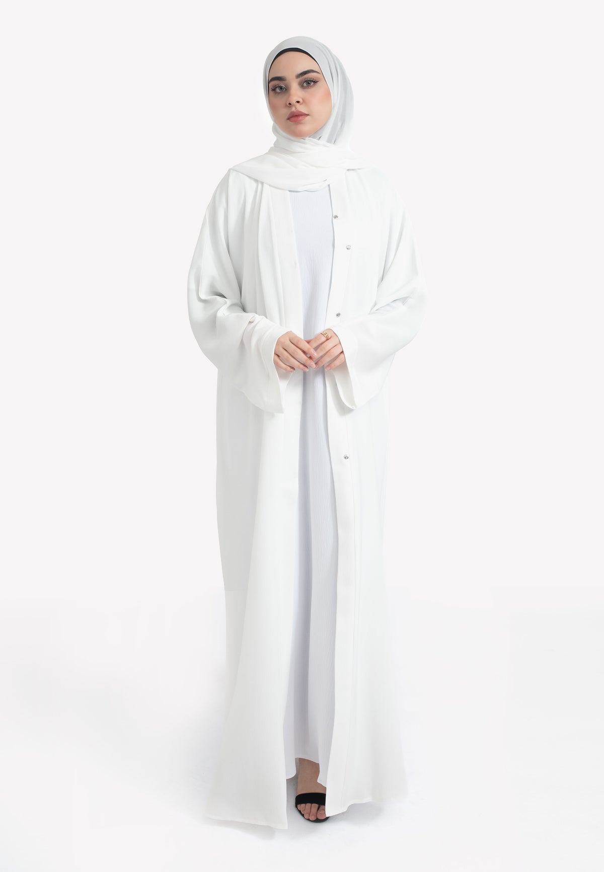 Off-White Textured Open Abaya - Front
