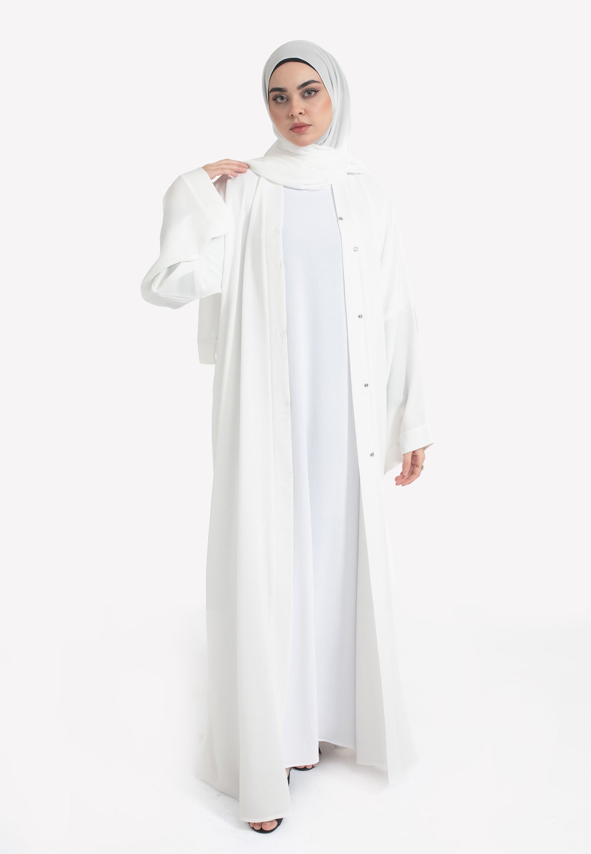 Off-White Textured Open Abaya - Front