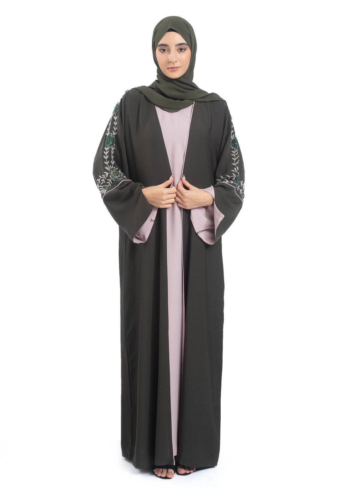 Premium Olive Open Abaya 3-Piece Kimono Set