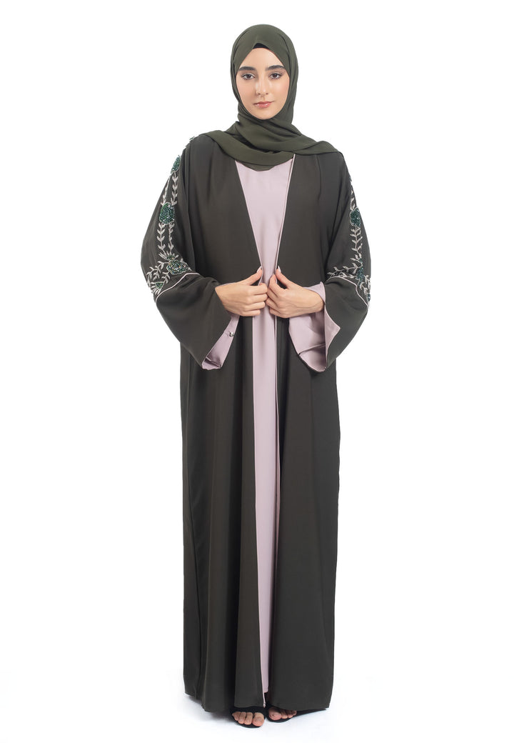 Premium Olive Open Abaya 3-Piece Kimono Set